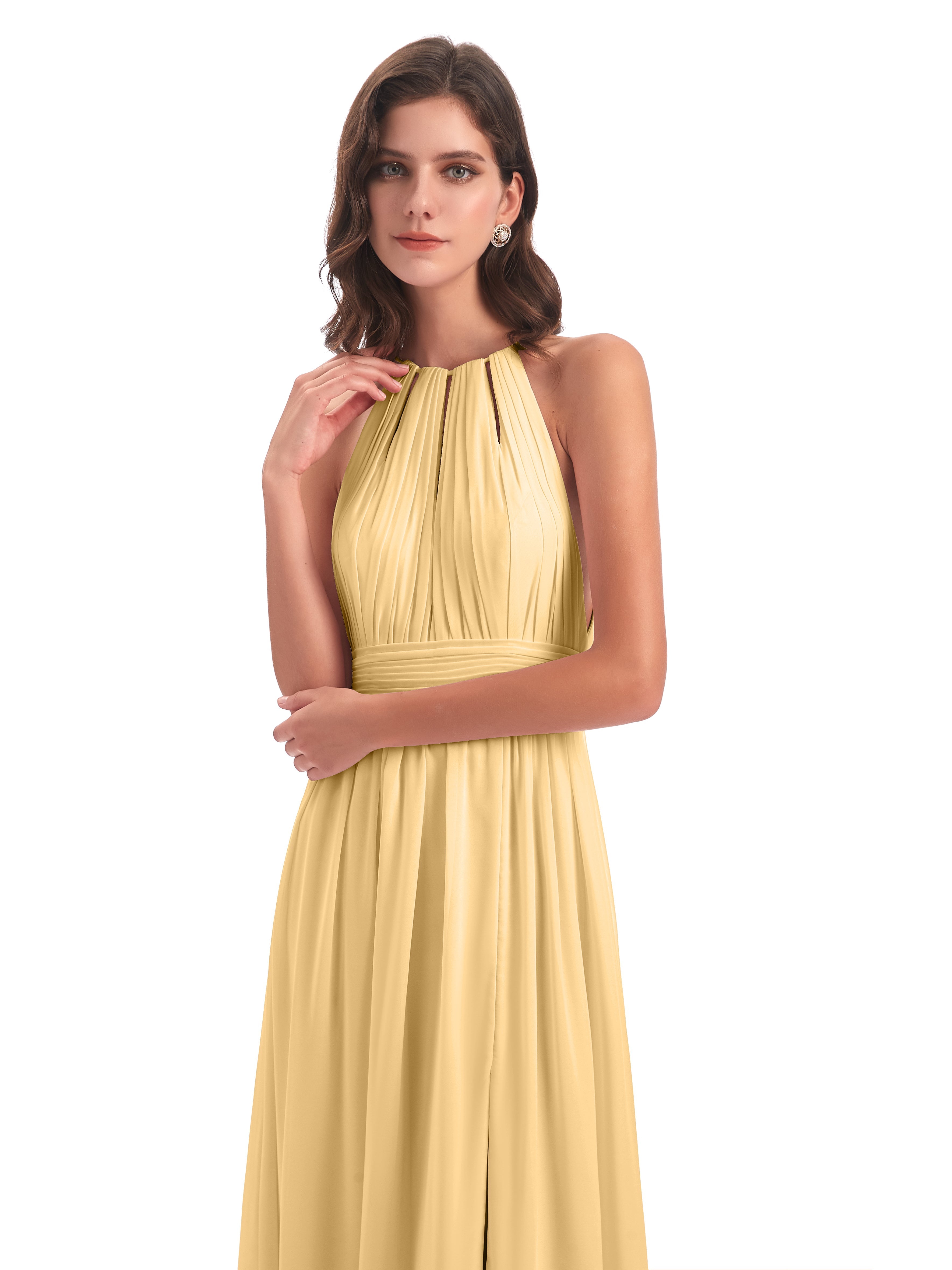 Robe De Demoiselle D Honneur Doré Fendue Devant Licou Mousseline Robes Demoiselle D'Honneur