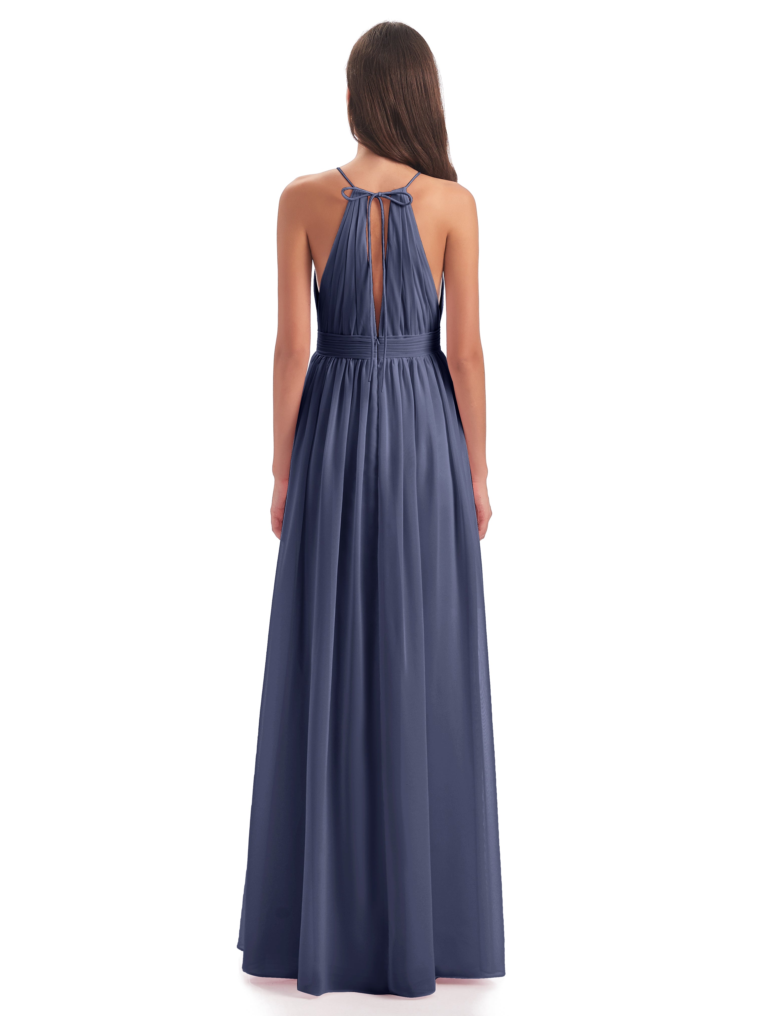 Robes De Demoiselle D'Honneur Bleu Orageux Fendue Devant Licou Mousseline Robes Demoiselle D'Honneur