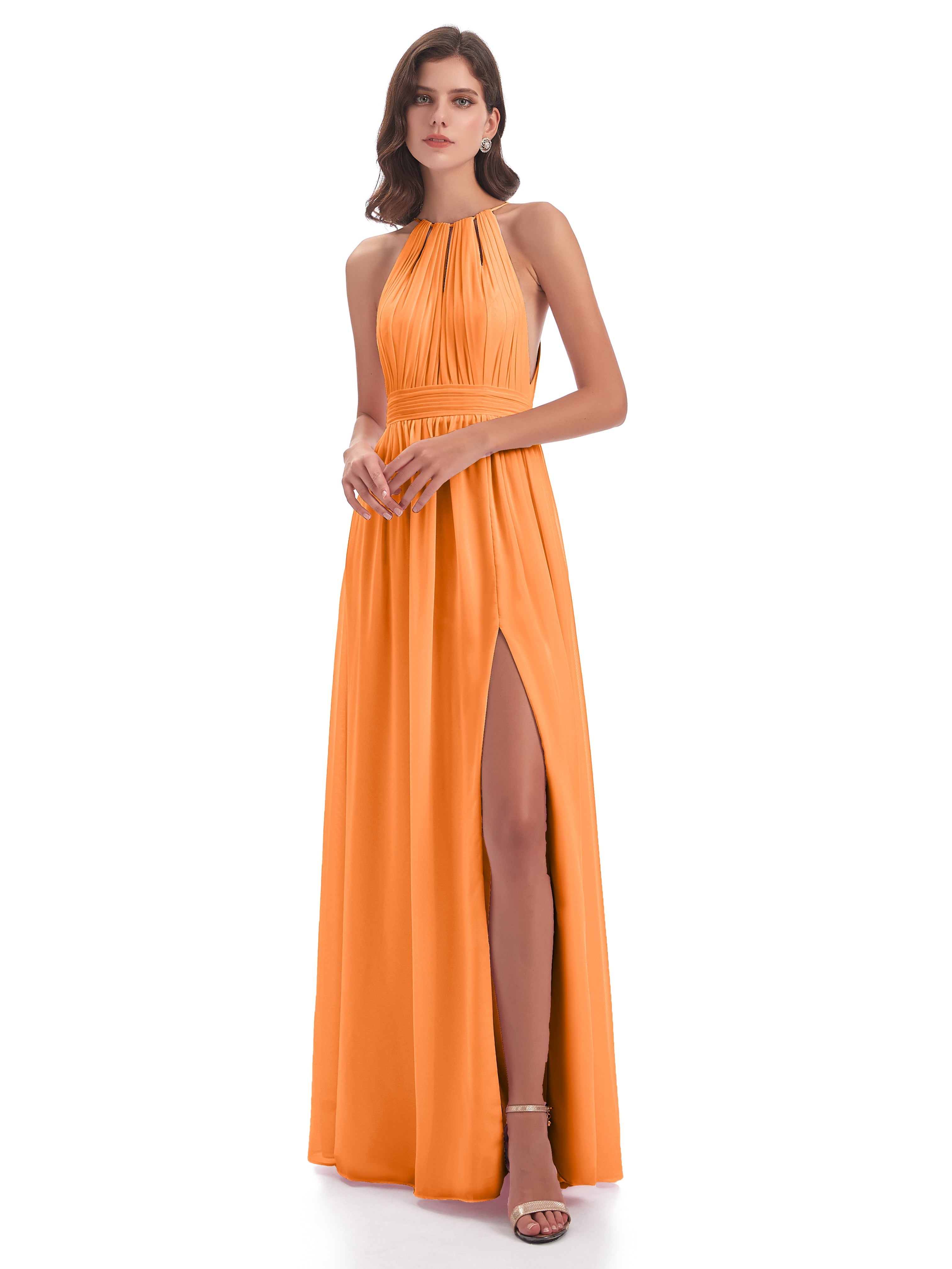 Robe Demoiselle D Honneur Orange Vif Fendue Devant Licou Mousseline Robes Demoiselle D'Honneur