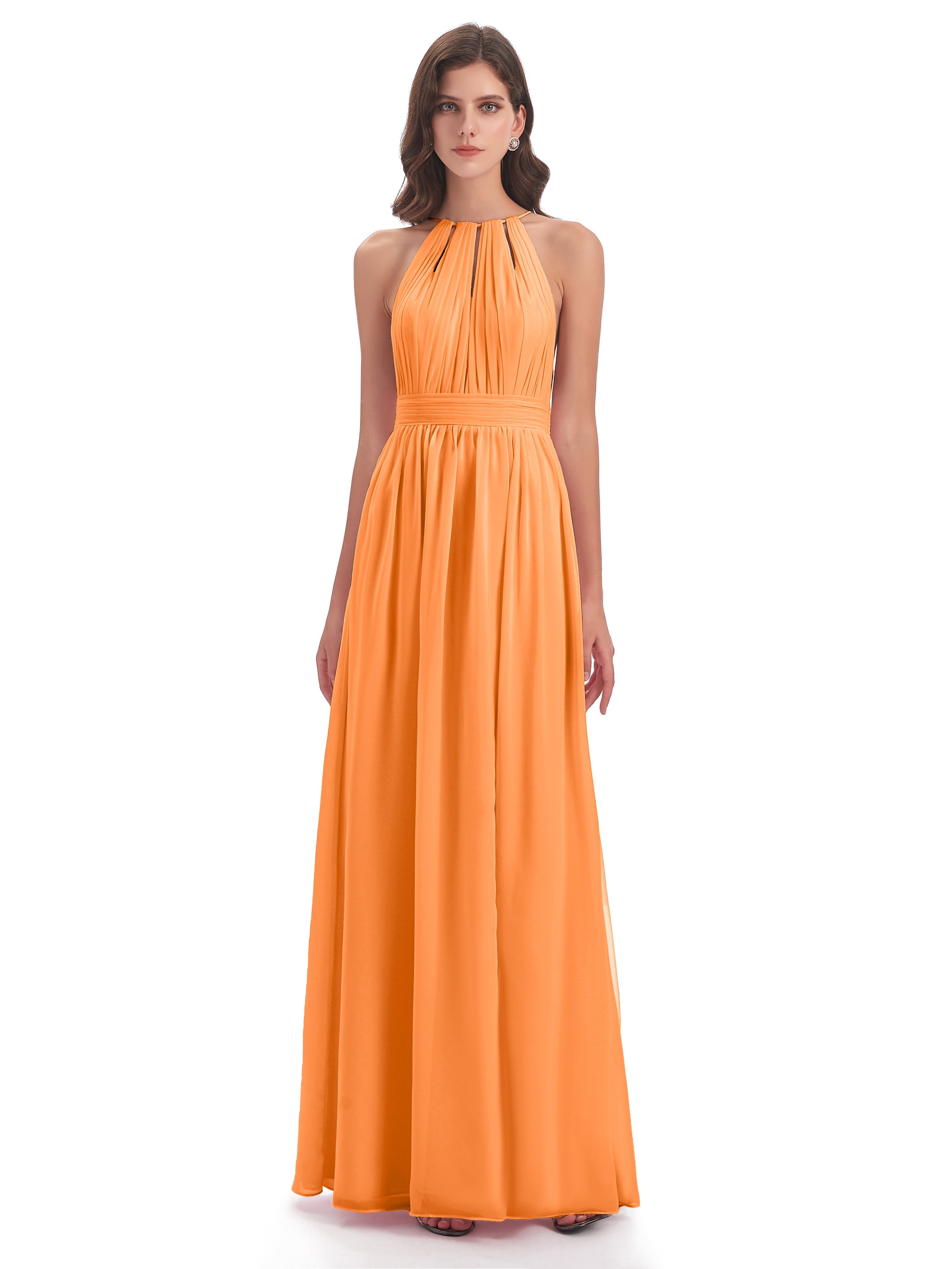 Robe Demoiselle D Honneur Orange Vif Fendue Devant Licou Mousseline Robes Demoiselle D'Honneur