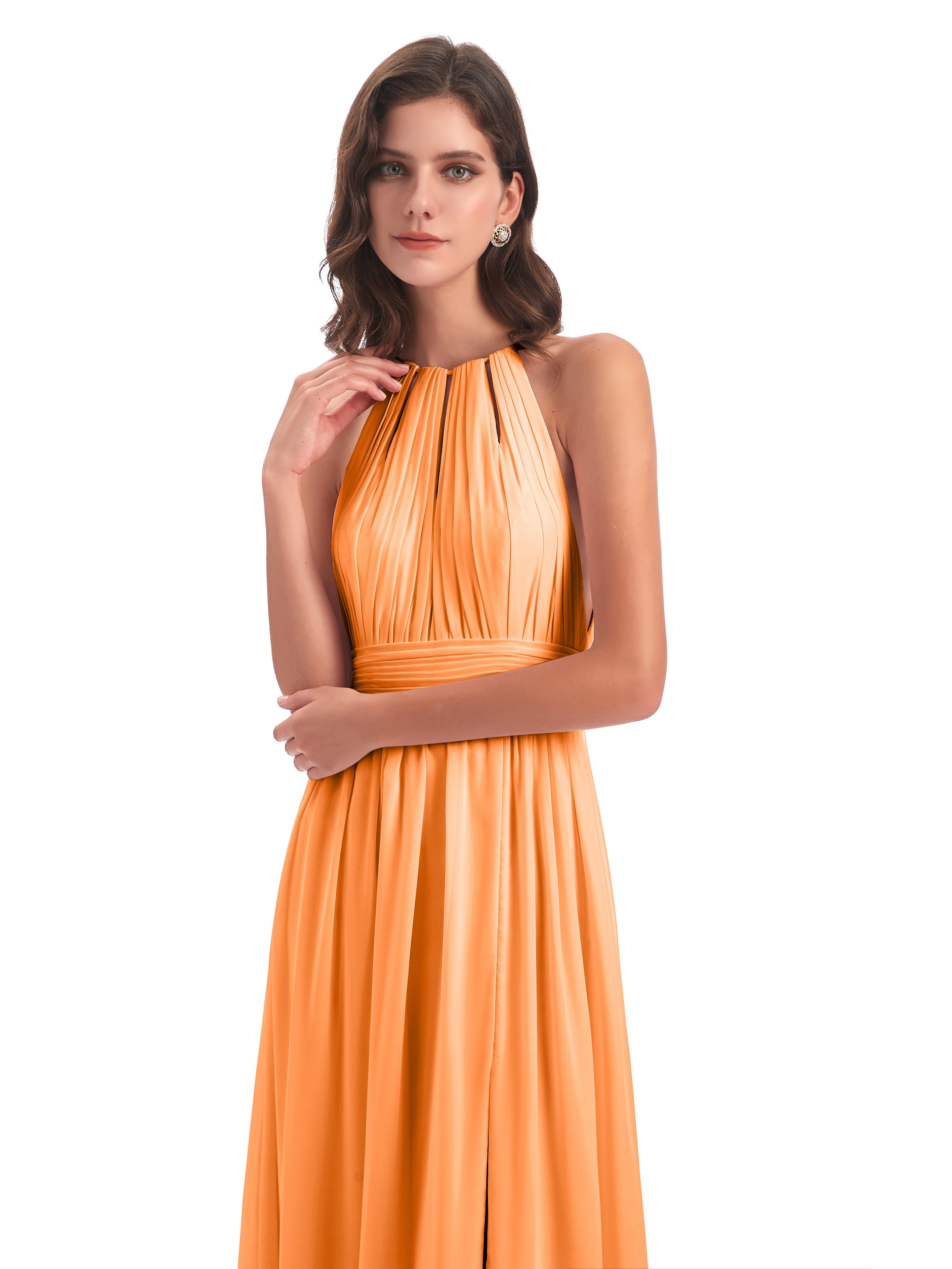 Robe Demoiselle D Honneur Orange Vif Fendue Devant Licou Mousseline Robes Demoiselle D'Honneur