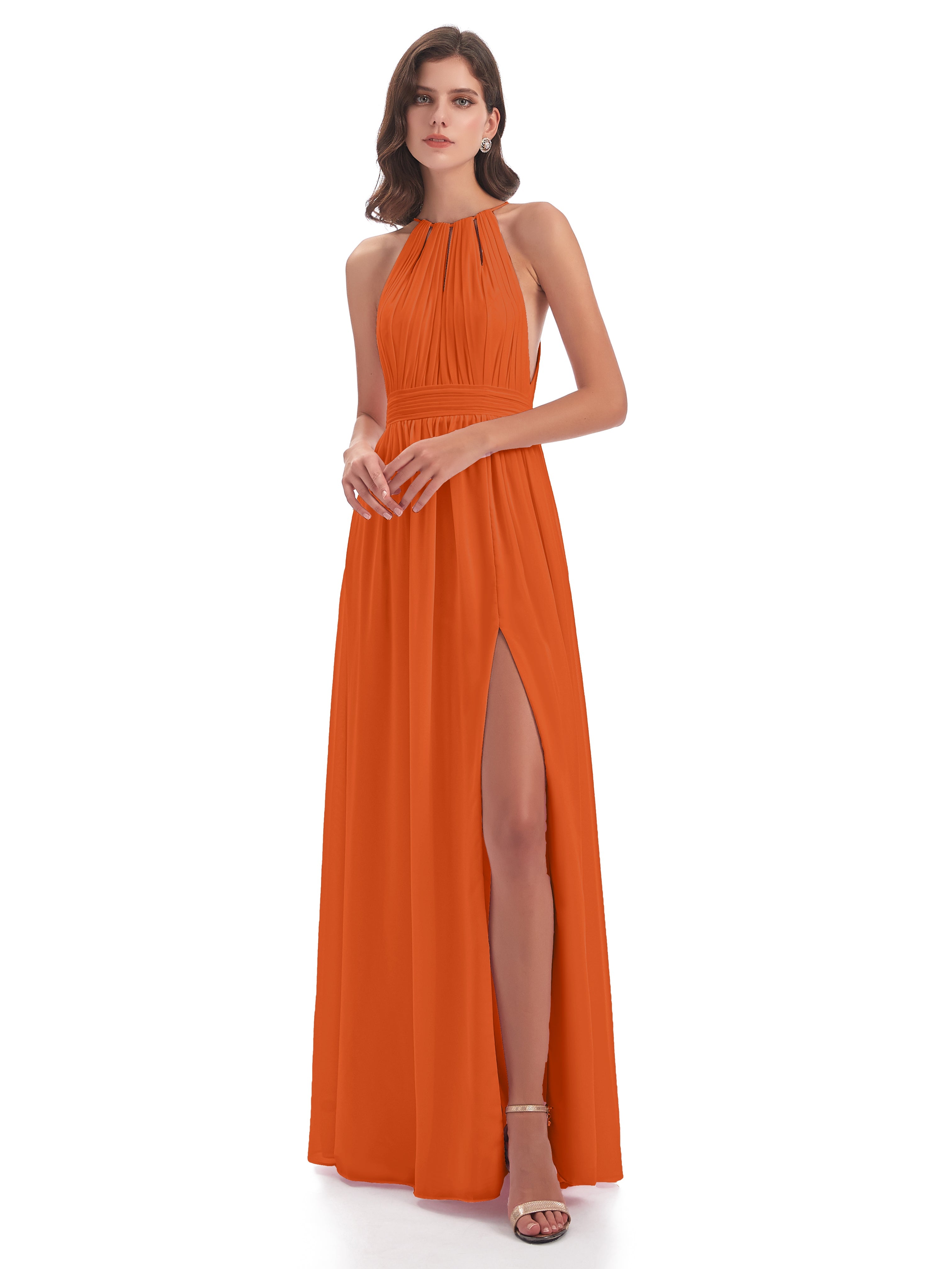 Robe Demoiselle D Honneur Orange Brulé Fendue Devant Licou Mousseline Robes Demoiselle D'Honneur