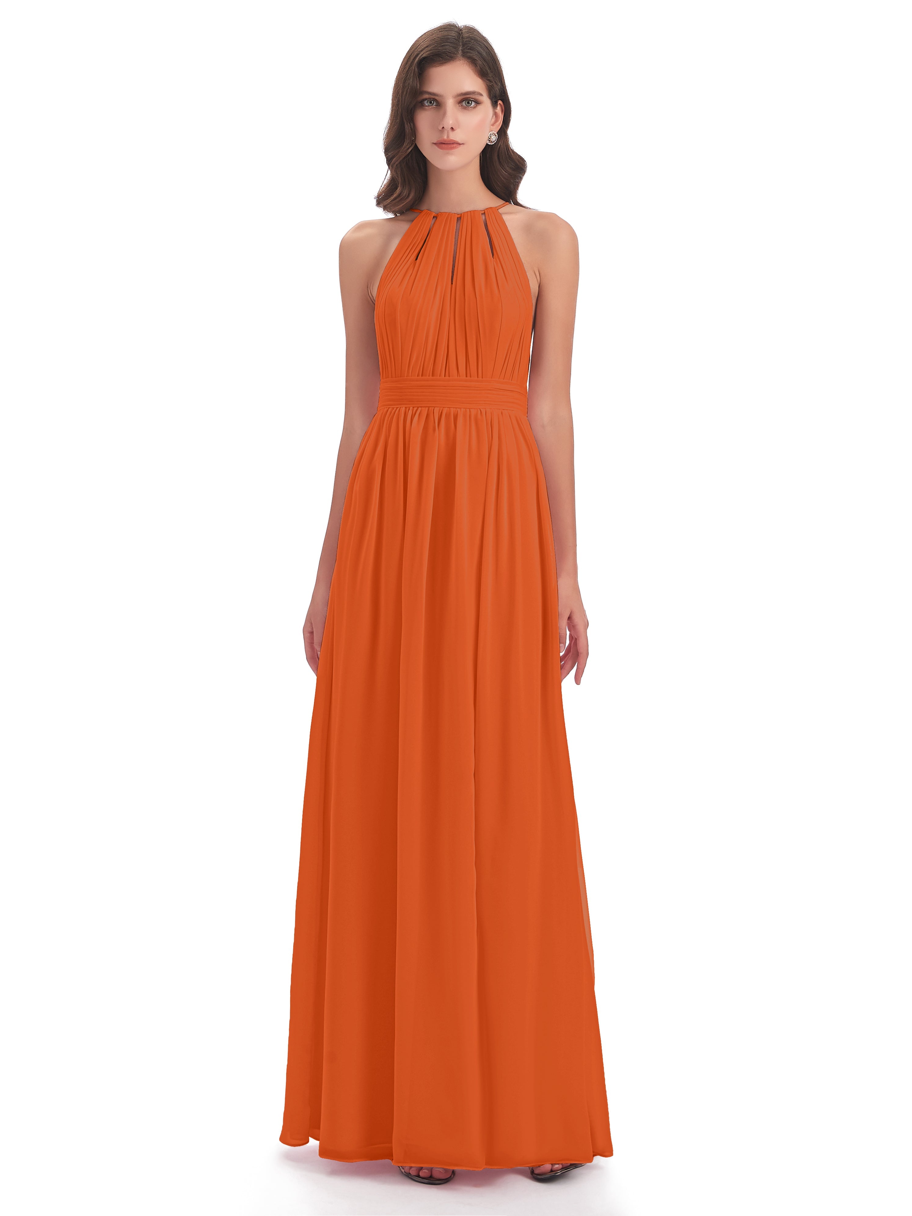 Robe Demoiselle D Honneur Orange Brulé Fendue Devant Licou Mousseline Robes Demoiselle D'Honneur