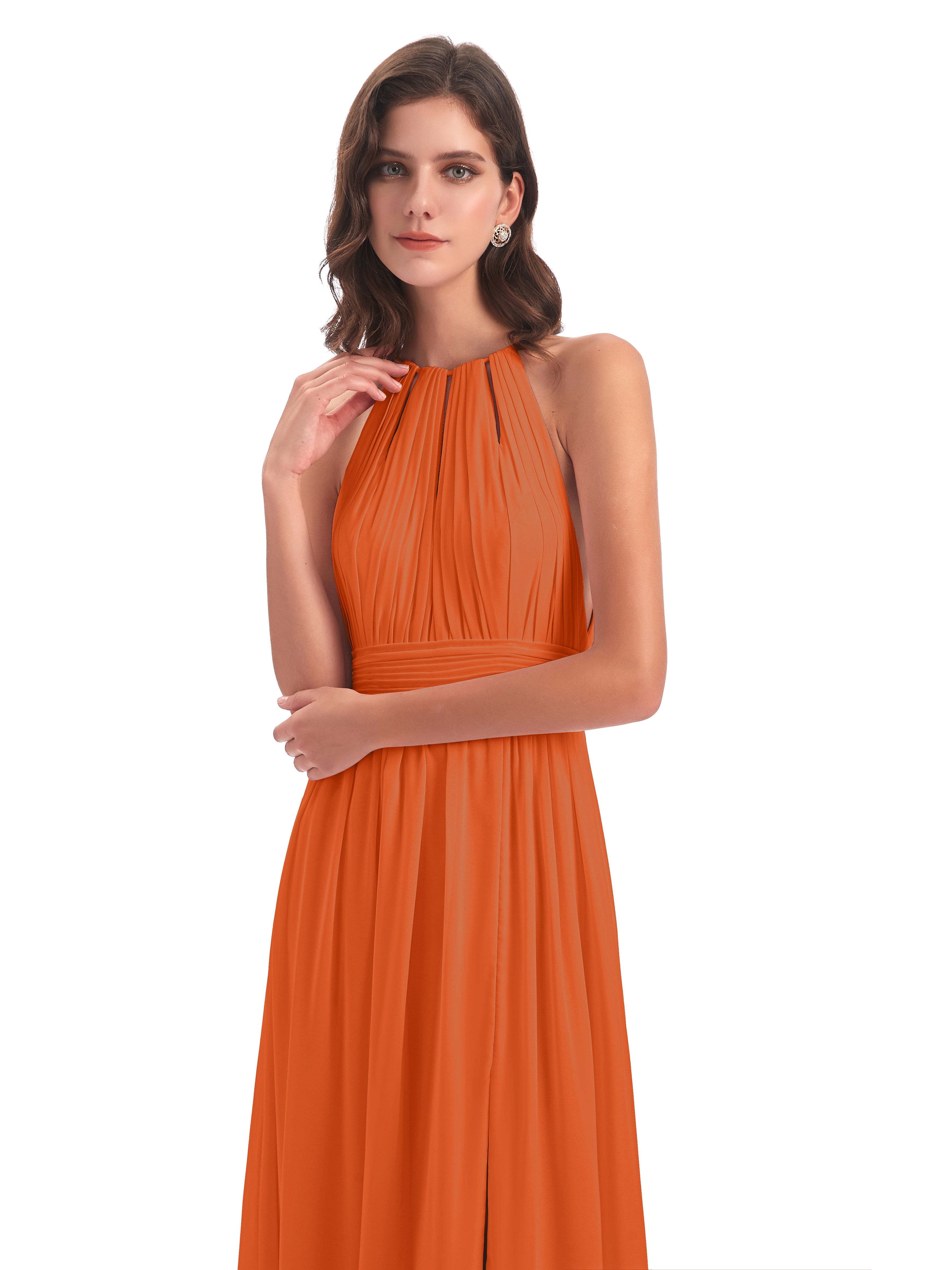 Robe Demoiselle D Honneur Orange Brulé Fendue Devant Licou Mousseline Robes Demoiselle D'Honneur