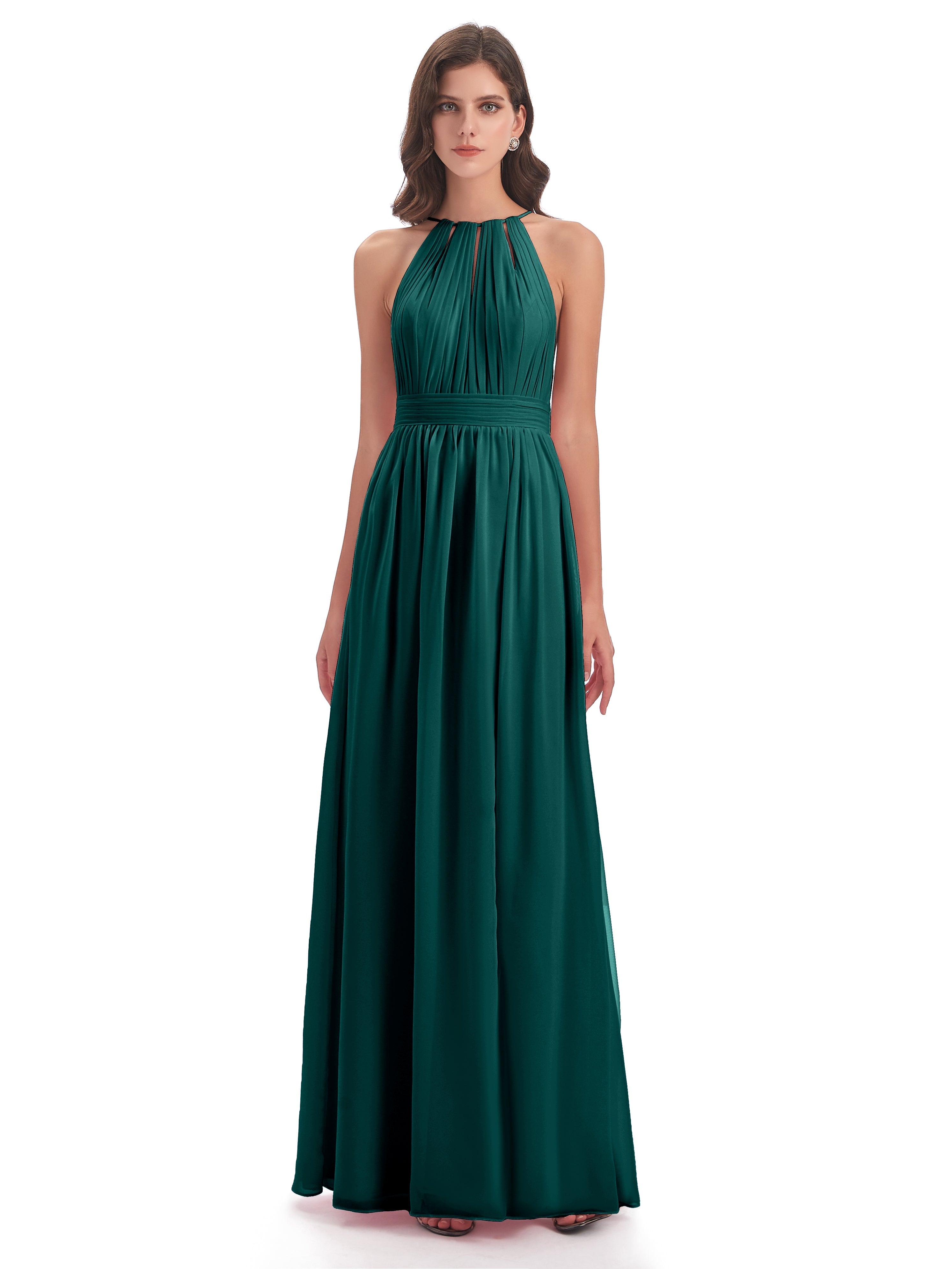 Robe De Demoiselle D'Honneur De Paon Au Sol Fendue Devant Licou Mousseline Robes Demoiselle D'Honneur