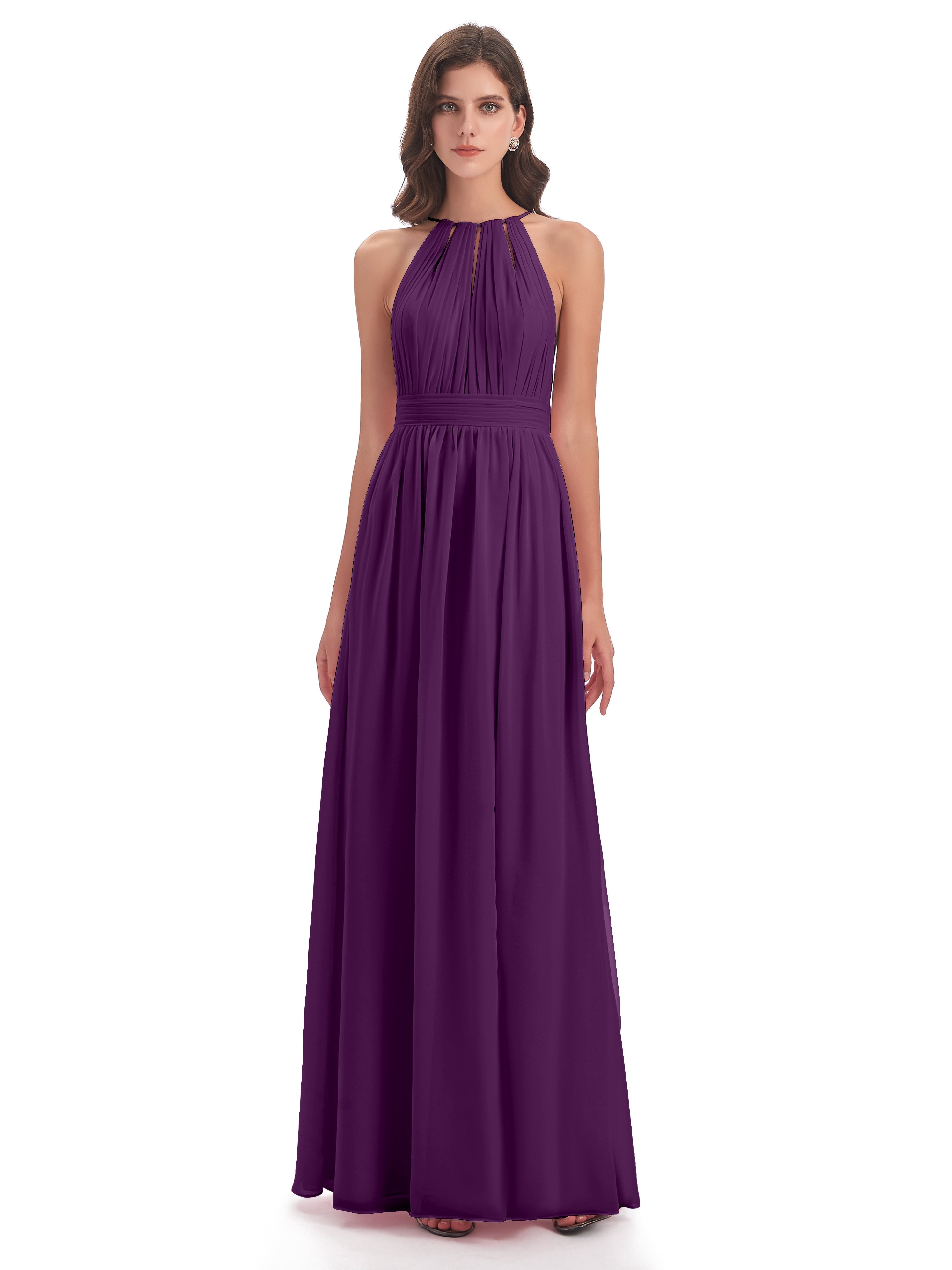 Robes De Demoiselle D'Honneur En Raisin Fendue Devant Licou Mousseline Robes Demoiselle D'Honneur