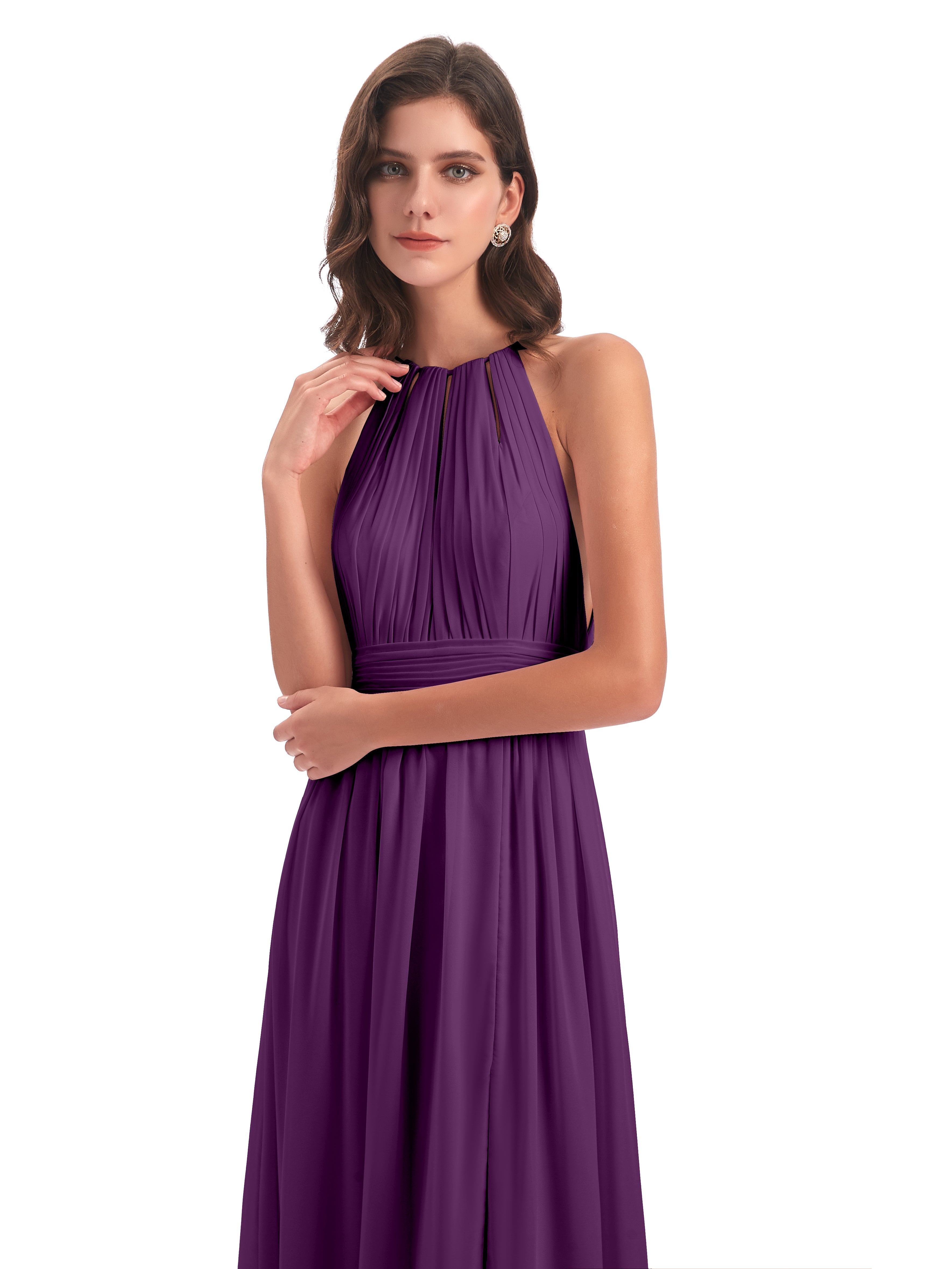 Robes De Demoiselle D'Honneur En Raisin Fendue Devant Licou Mousseline Robes Demoiselle D'Honneur