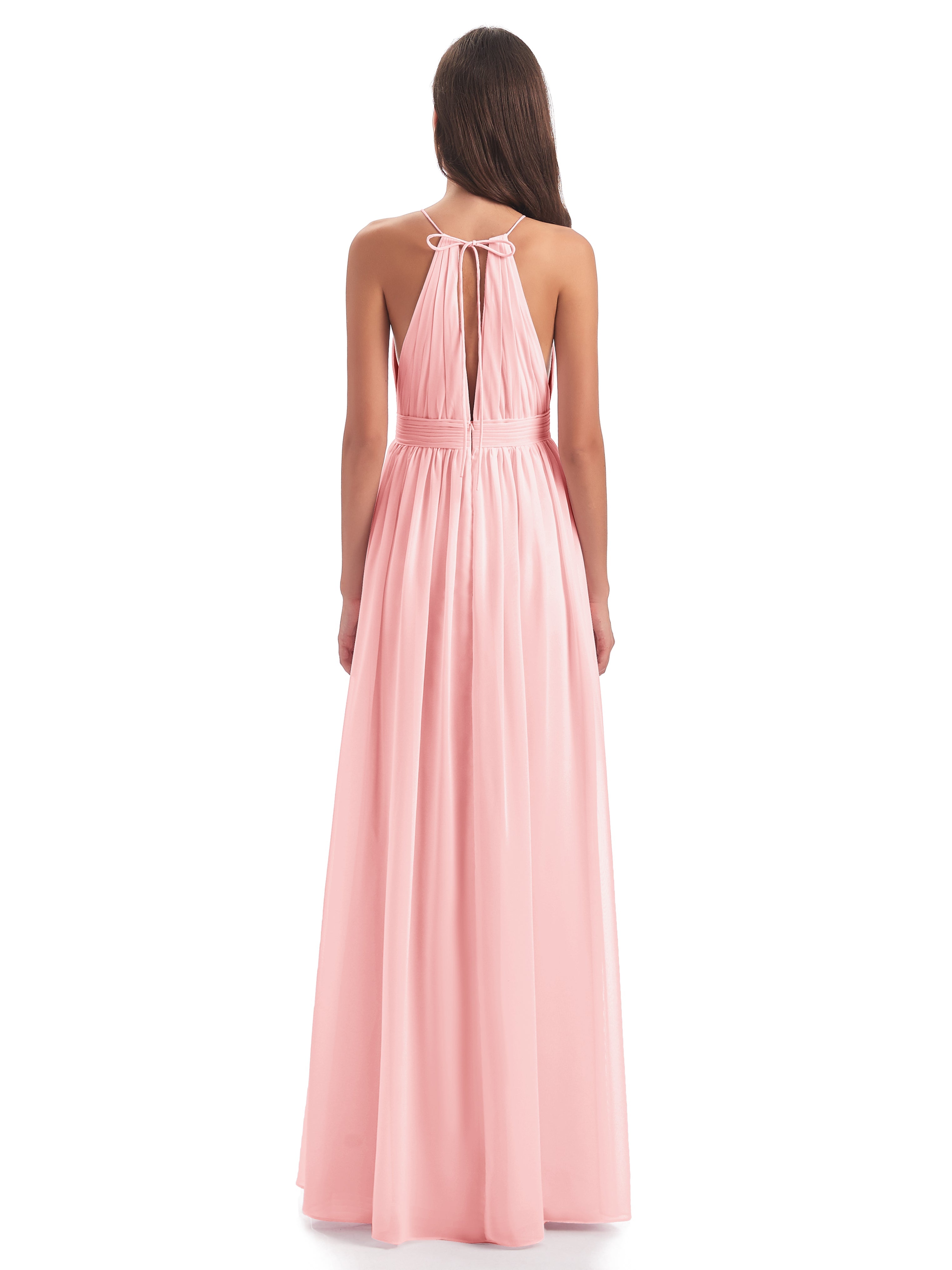 Robes De Demoiselle D'Honneur Roses Longues Fendue Devant Licou Mousseline Robes Demoiselle D'Honneur