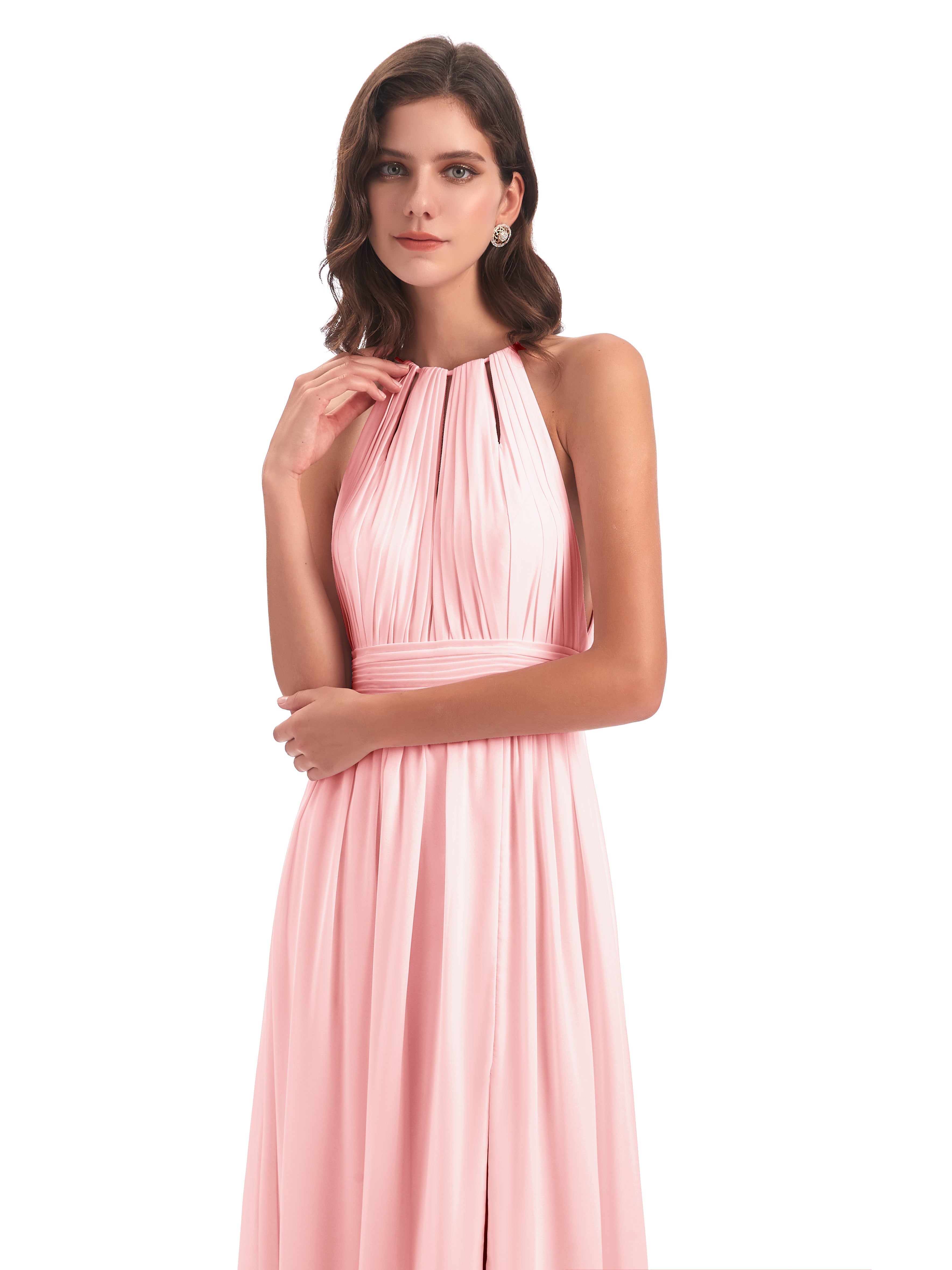 Robes De Demoiselle D'Honneur Roses Longues Fendue Devant Licou Mousseline Robes Demoiselle D'Honneur