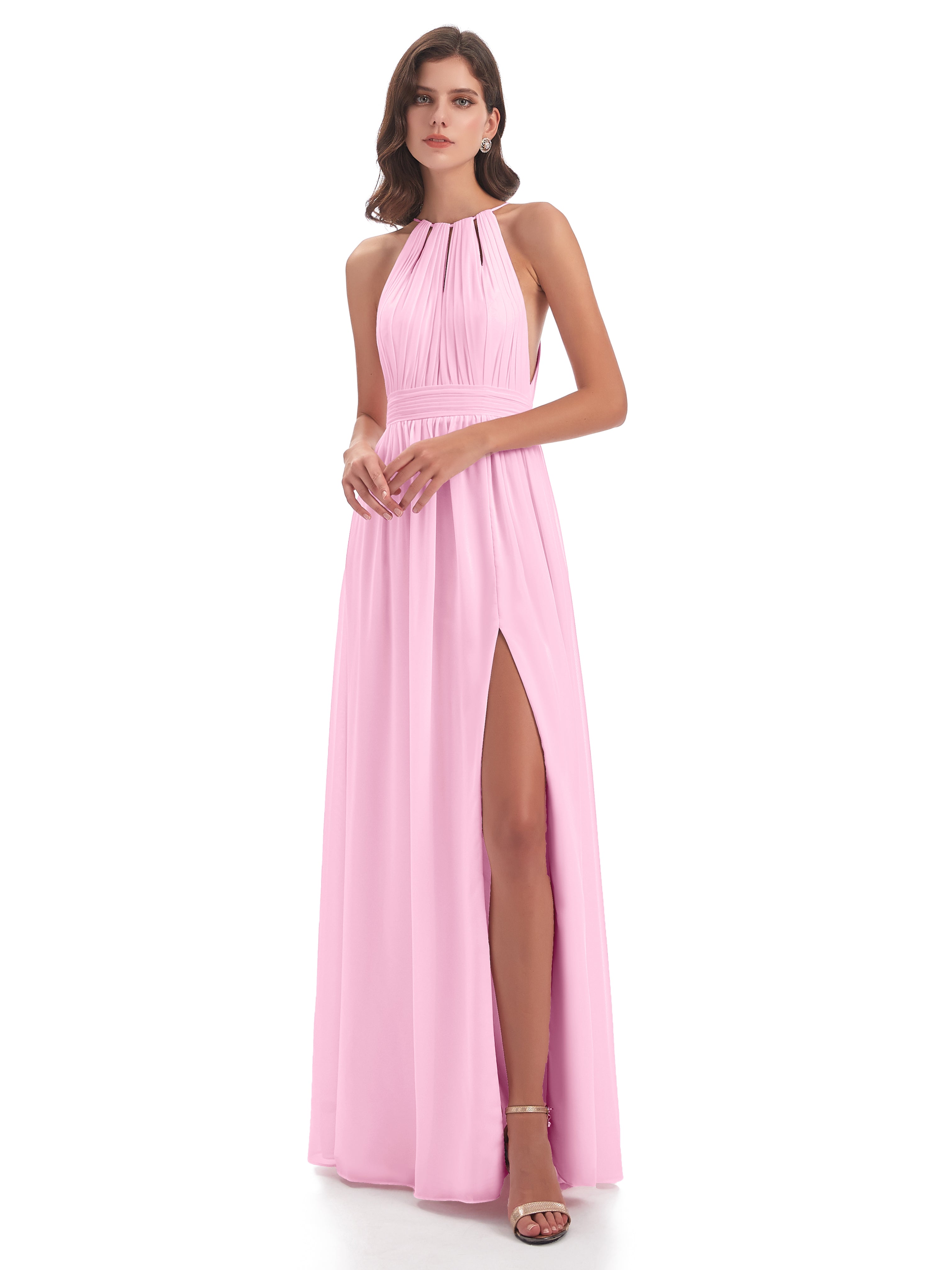 Robes De Demoiselle D'Honneur Rose Bonbon Fendue Devant Licou Mousseline Robes Demoiselle D'Honneur