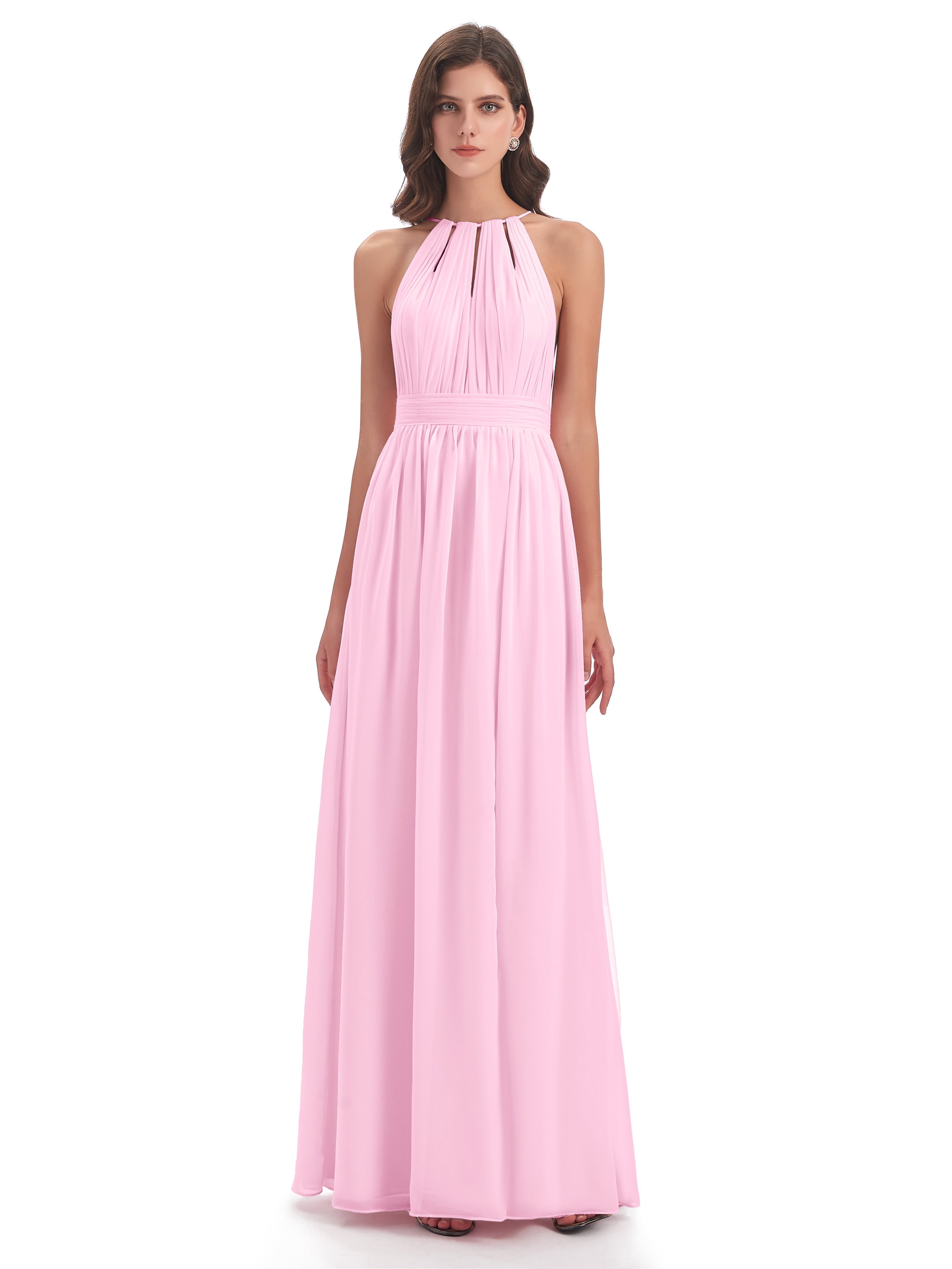 Robes De Demoiselle D'Honneur Rose Bonbon Fendue Devant Licou Mousseline Robes Demoiselle D'Honneur