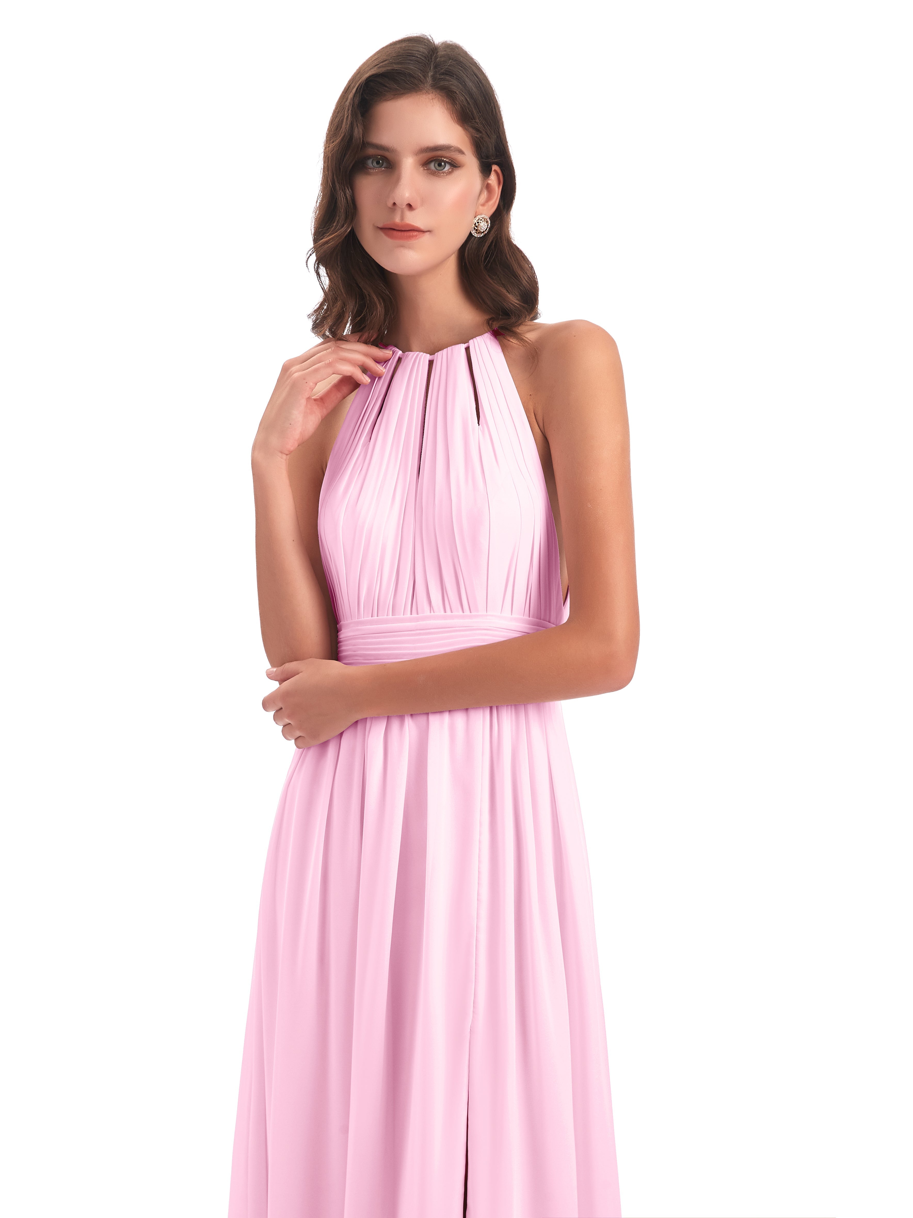 Robes De Demoiselle D'Honneur Rose Bonbon Fendue Devant Licou Mousseline Robes Demoiselle D'Honneur