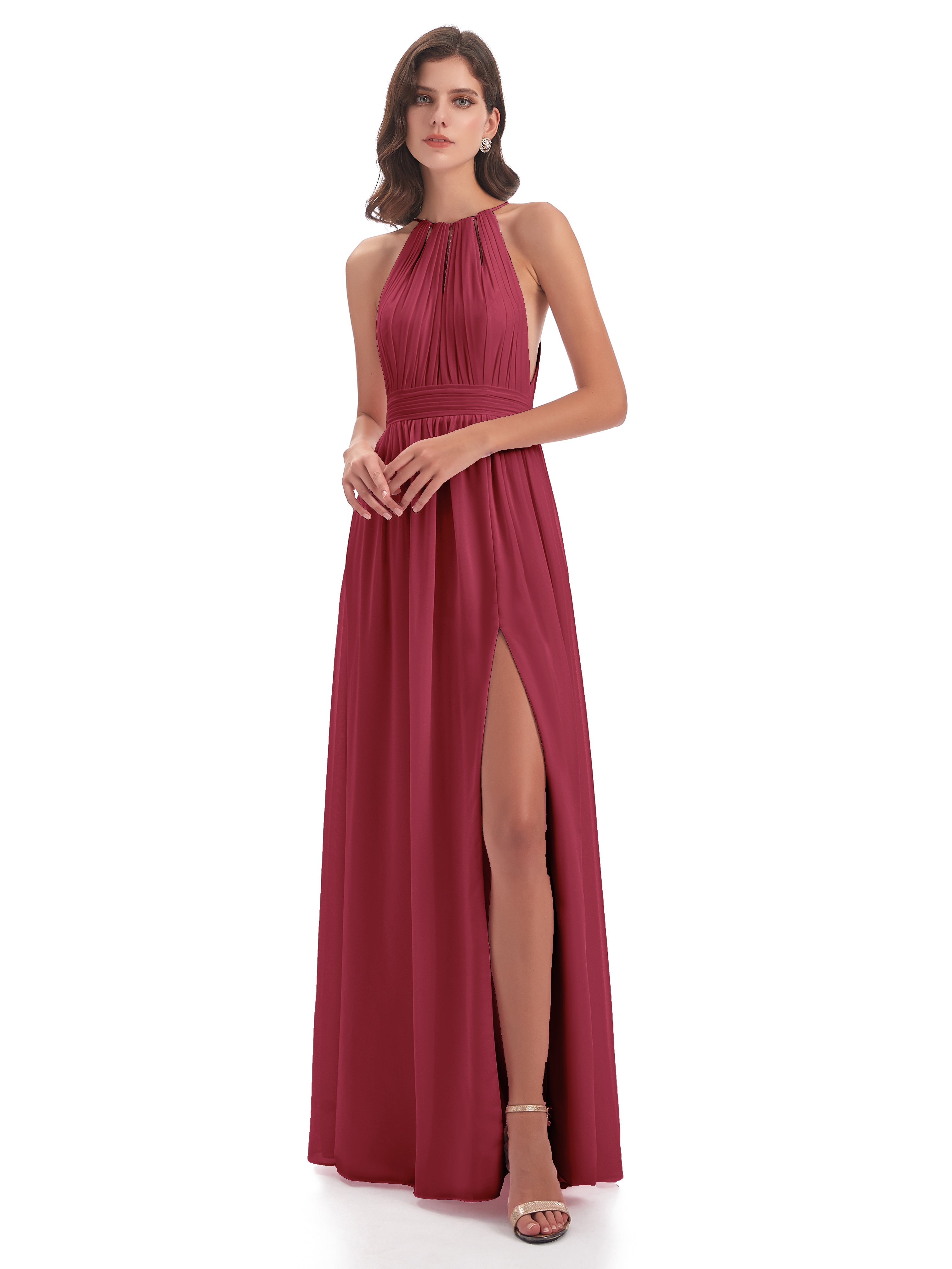 Robe Demoiselle D Honneur Rose Cannelle Fendue Devant Licou Mousseline Robes Demoiselle D'Honneur