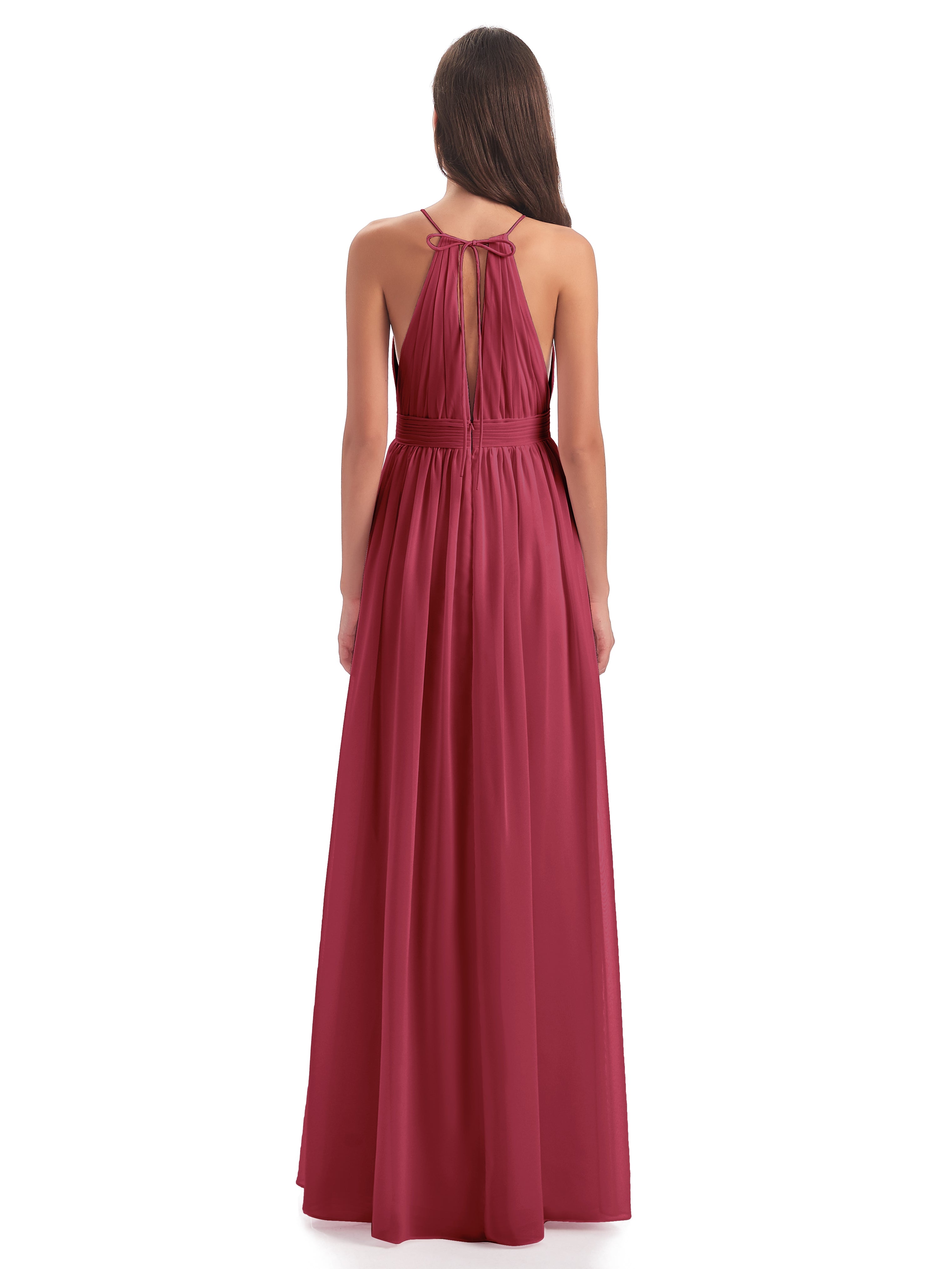 Robe Demoiselle D Honneur Rose Cannelle Fendue Devant Licou Mousseline Robes Demoiselle D'Honneur