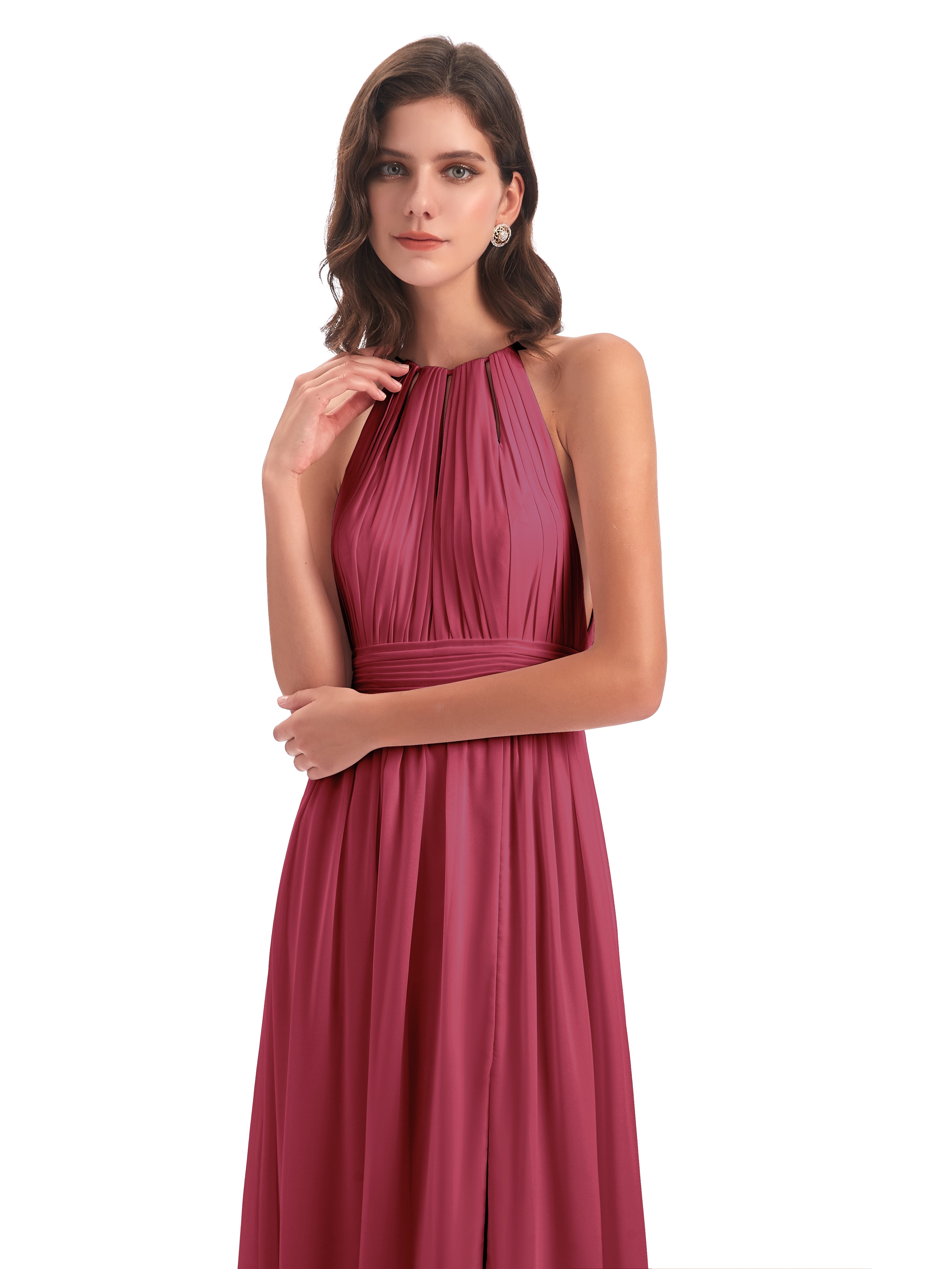 Robe Demoiselle D Honneur Rose Cannelle Fendue Devant Licou Mousseline Robes Demoiselle D'Honneur