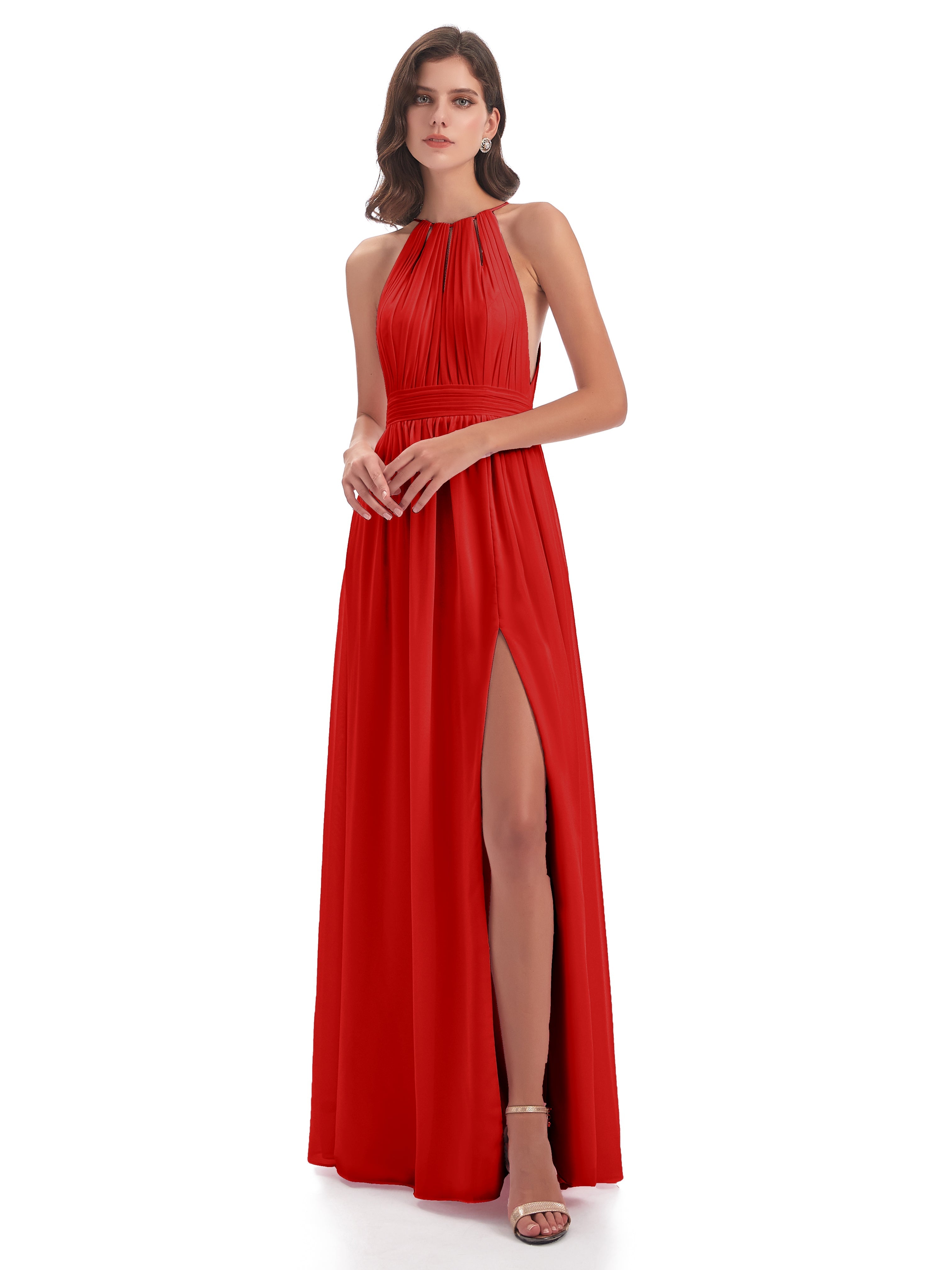 Robe Demoiselle D Honneur Rouge Fendue Devant Licou Mousseline Robes Demoiselle D'Honneur