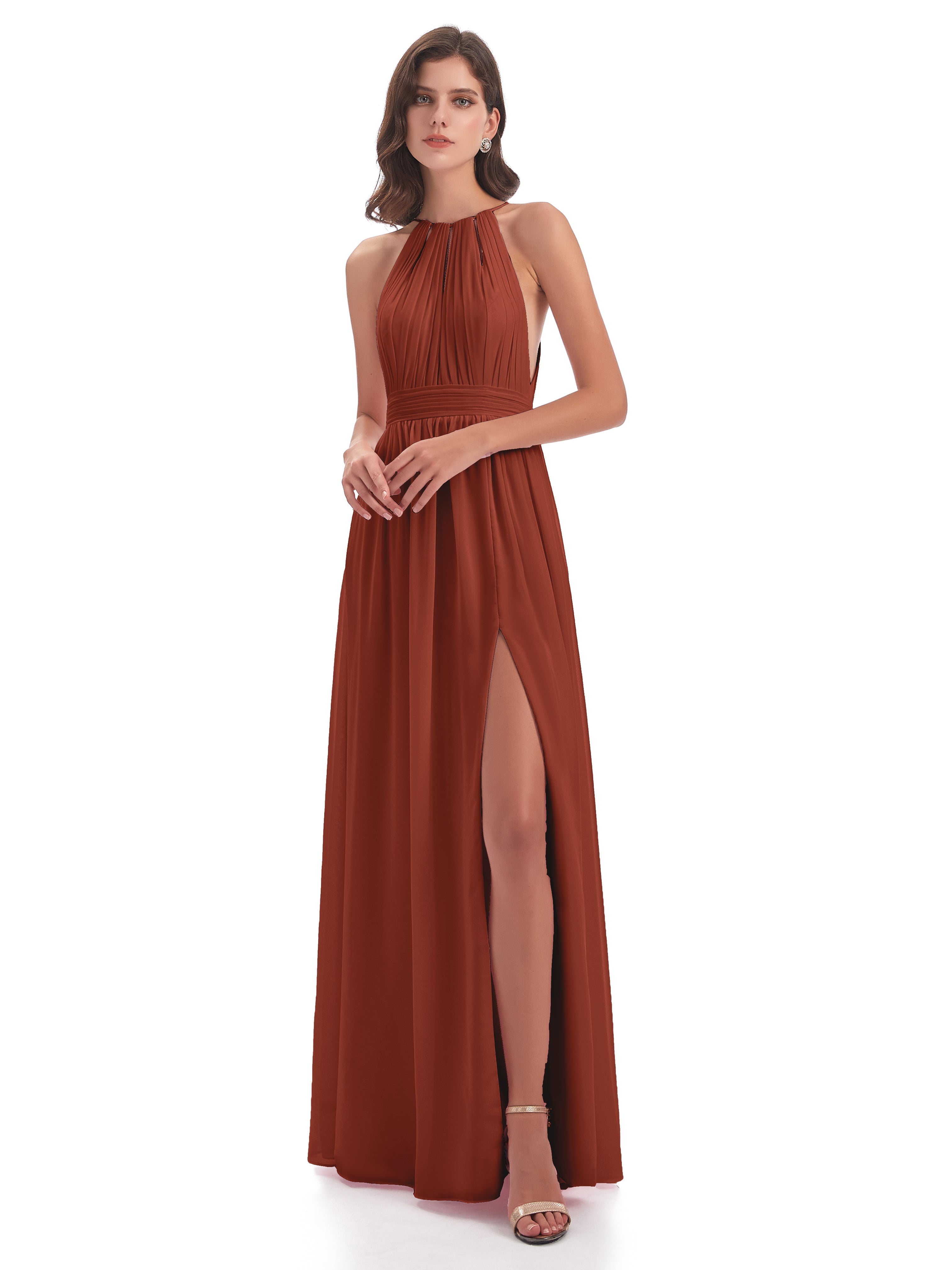 Robes De Demoiselle D'Honneur Couleur Rouille Fendue Devant Licou Mousseline Robes Demoiselle D'Honneur
