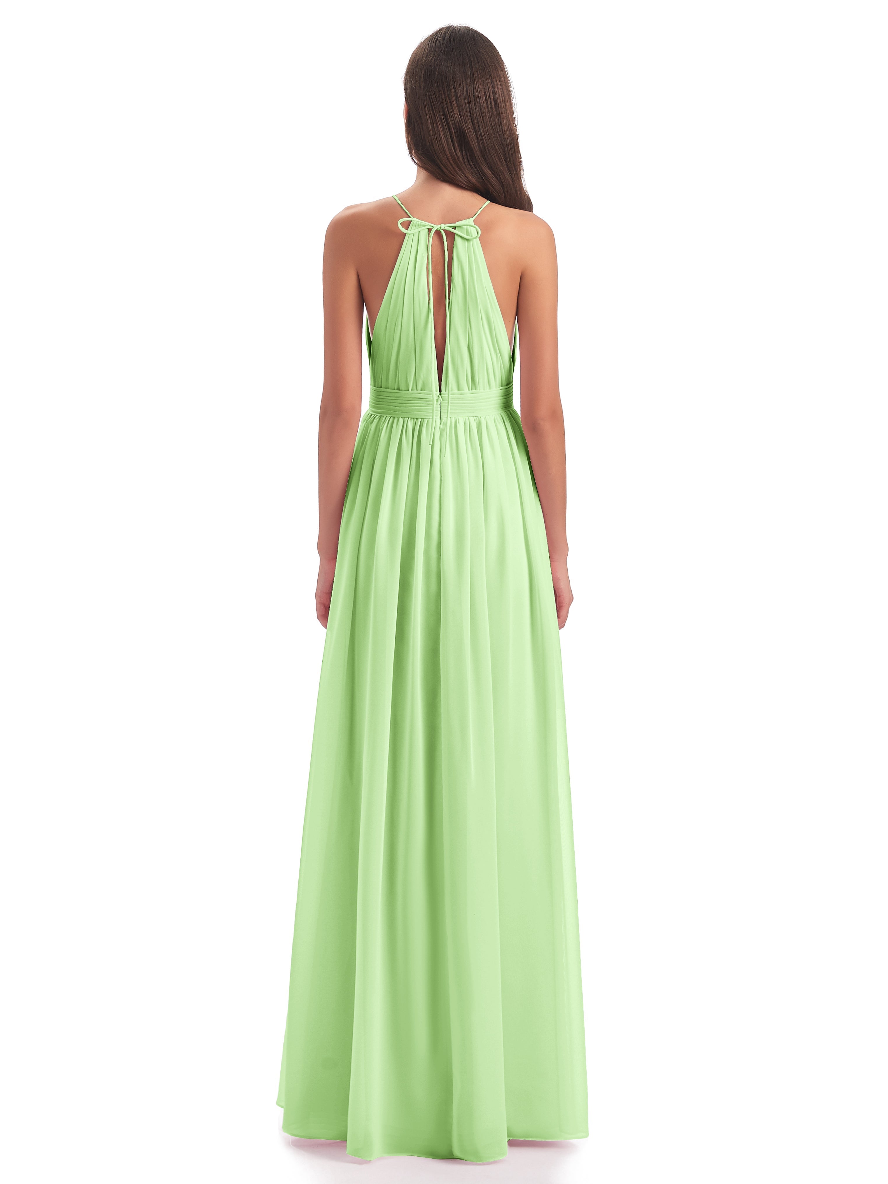 Robe Demoiselle D Honneur Verte Sauge Fendue Devant Licou Mousseline Robes Demoiselle D'Honneur