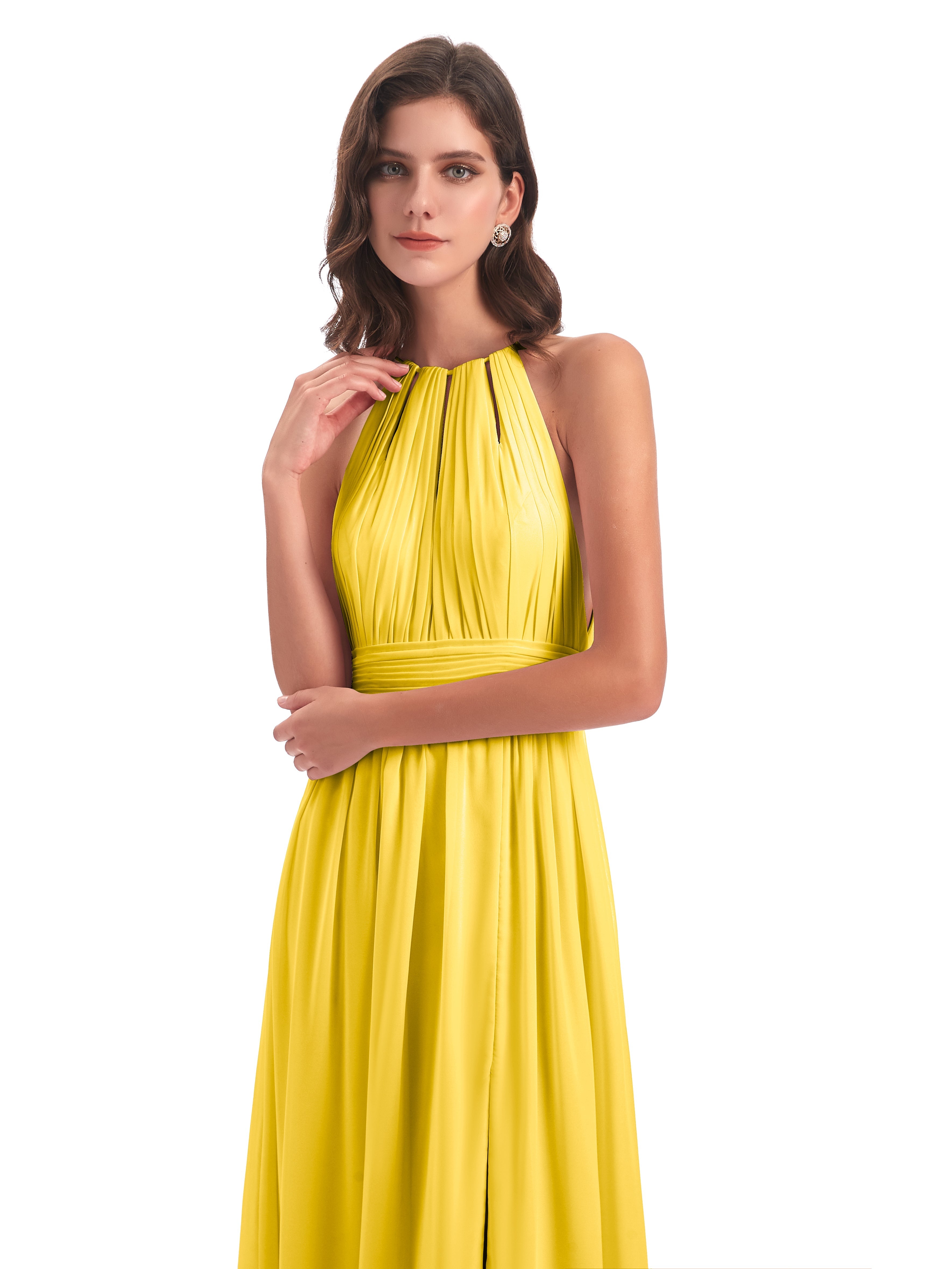 Robe De Demoiselle D'Honneur Souci Fendue Devant Licou Mousseline Robes Demoiselle D'Honneur