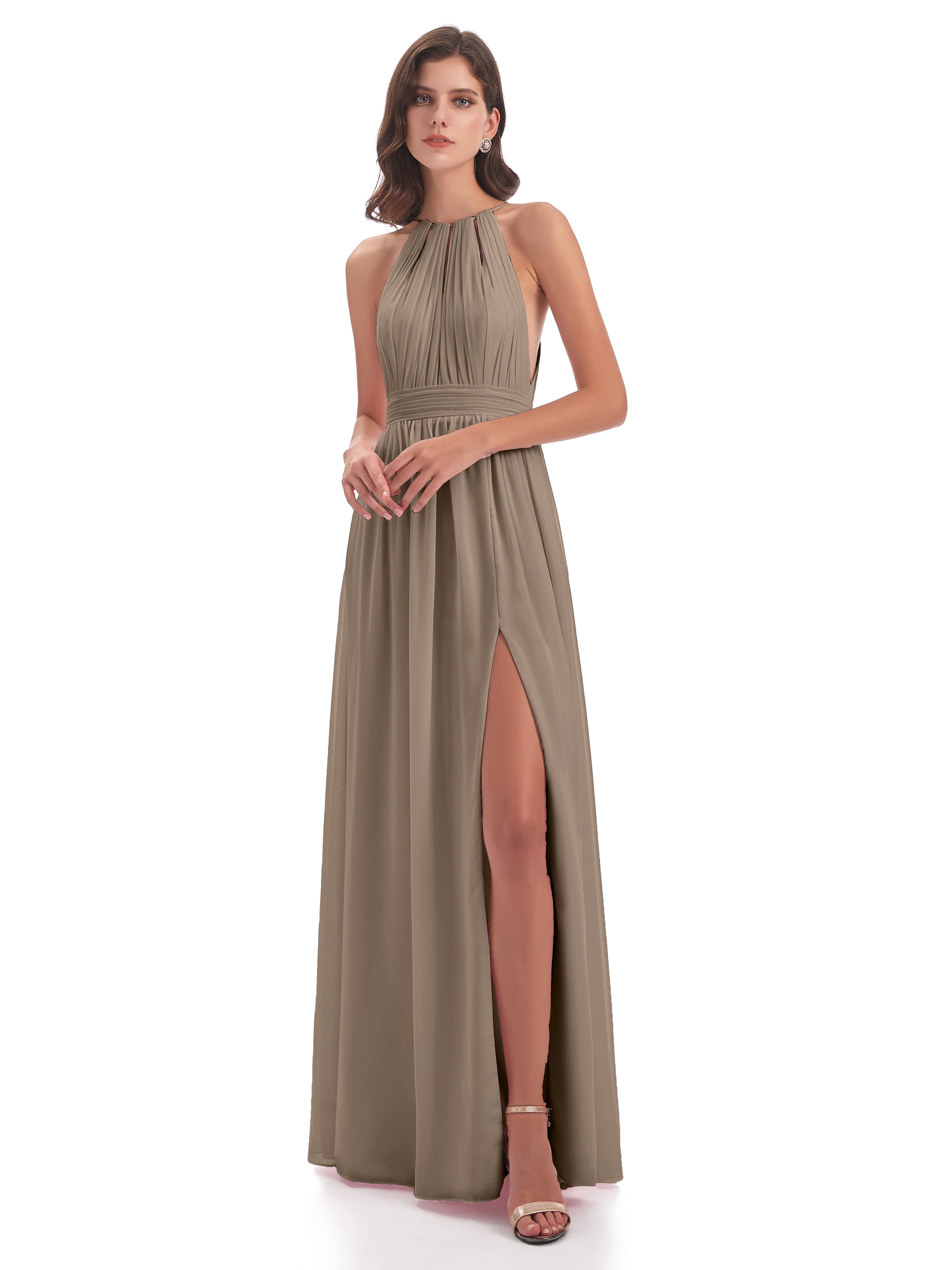 Robe Taupe Demoiselle D Honneur Fendue Devant Licou Mousseline Robes Demoiselle D'Honneur