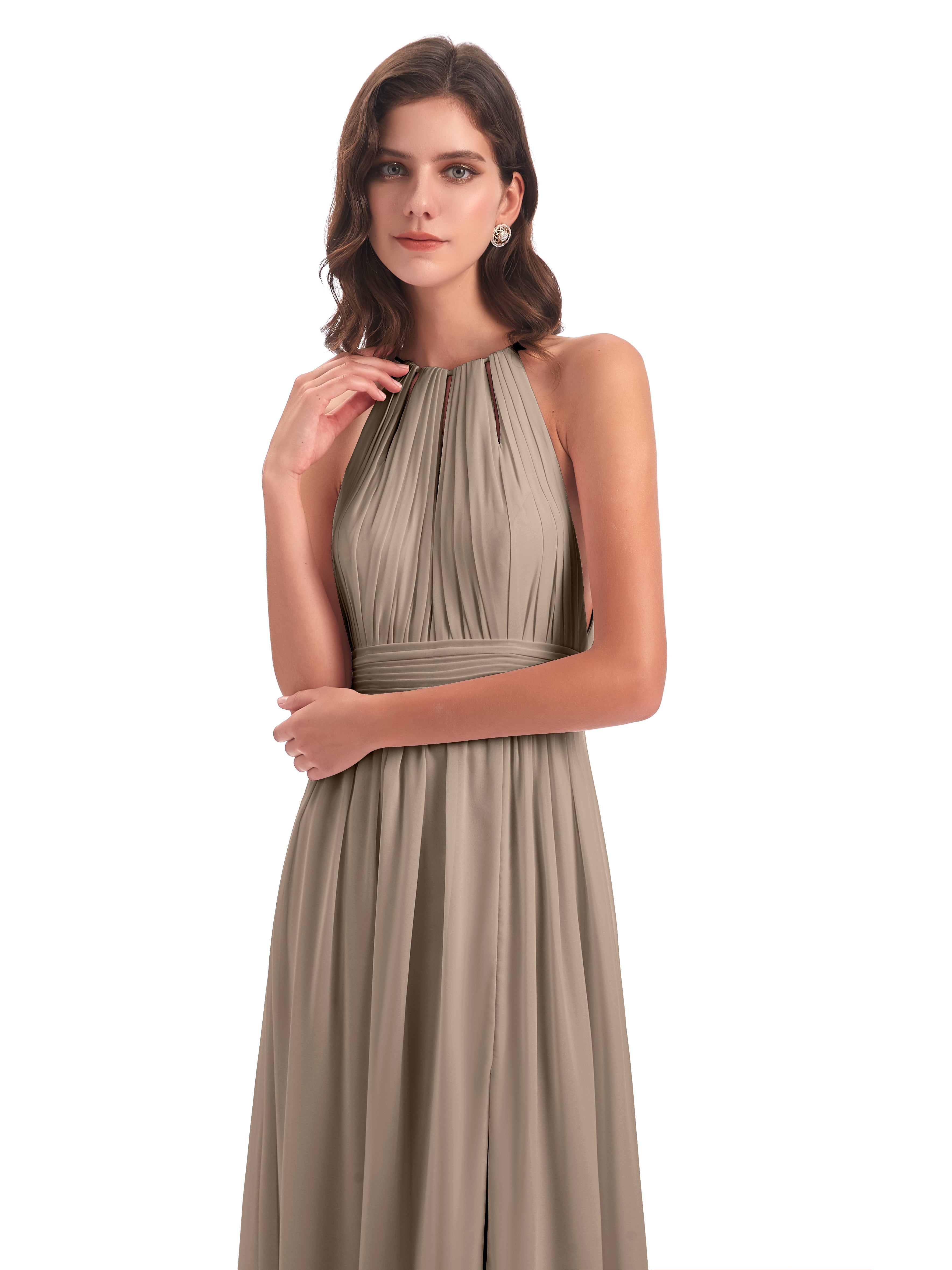 Robe Taupe Demoiselle D Honneur Fendue Devant Licou Mousseline Robes Demoiselle D'Honneur