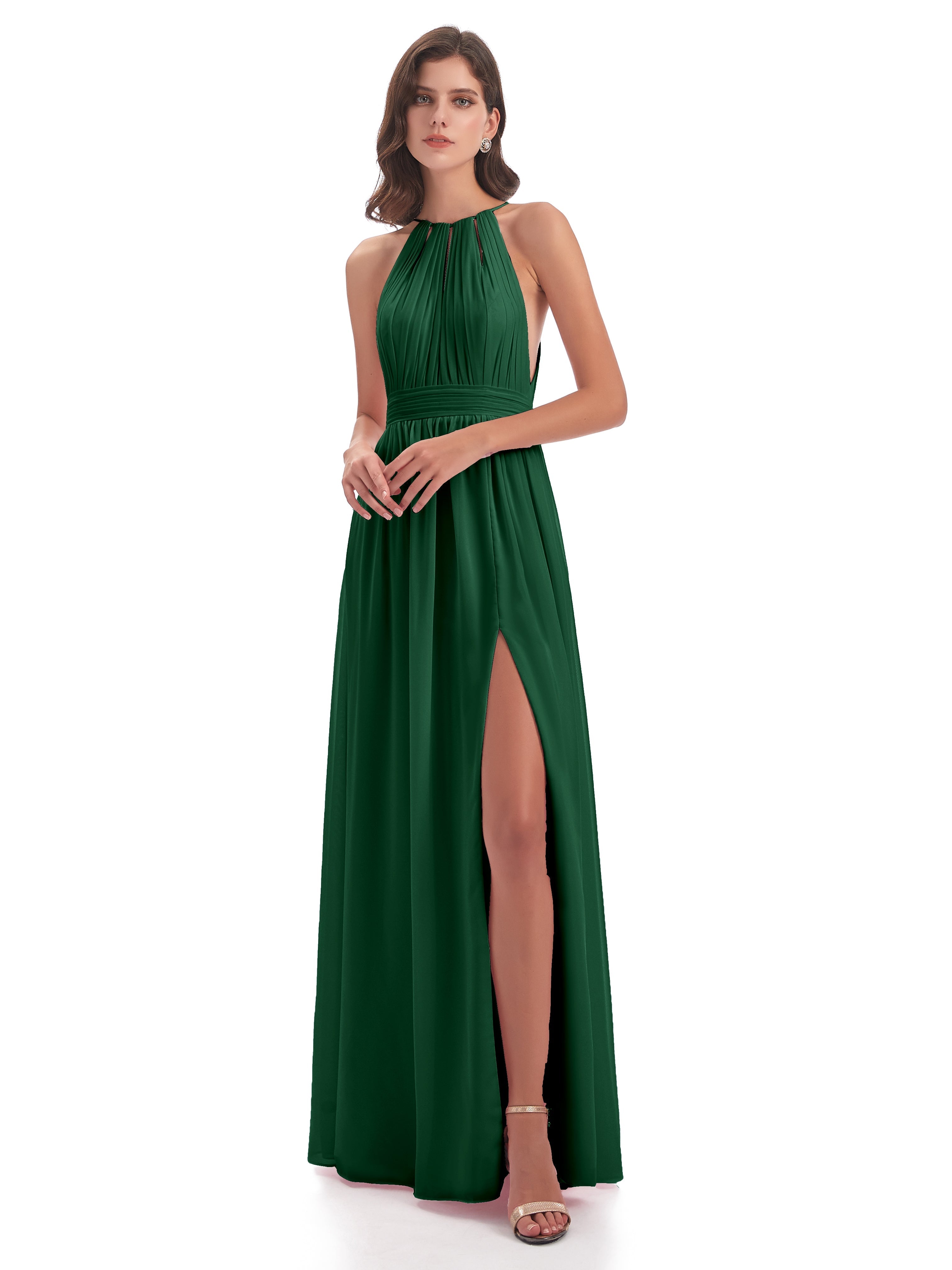 Demoiselle D'Honneur Vert Foncé Fendue Devant Licou Mousseline Robes Demoiselle D'Honneur