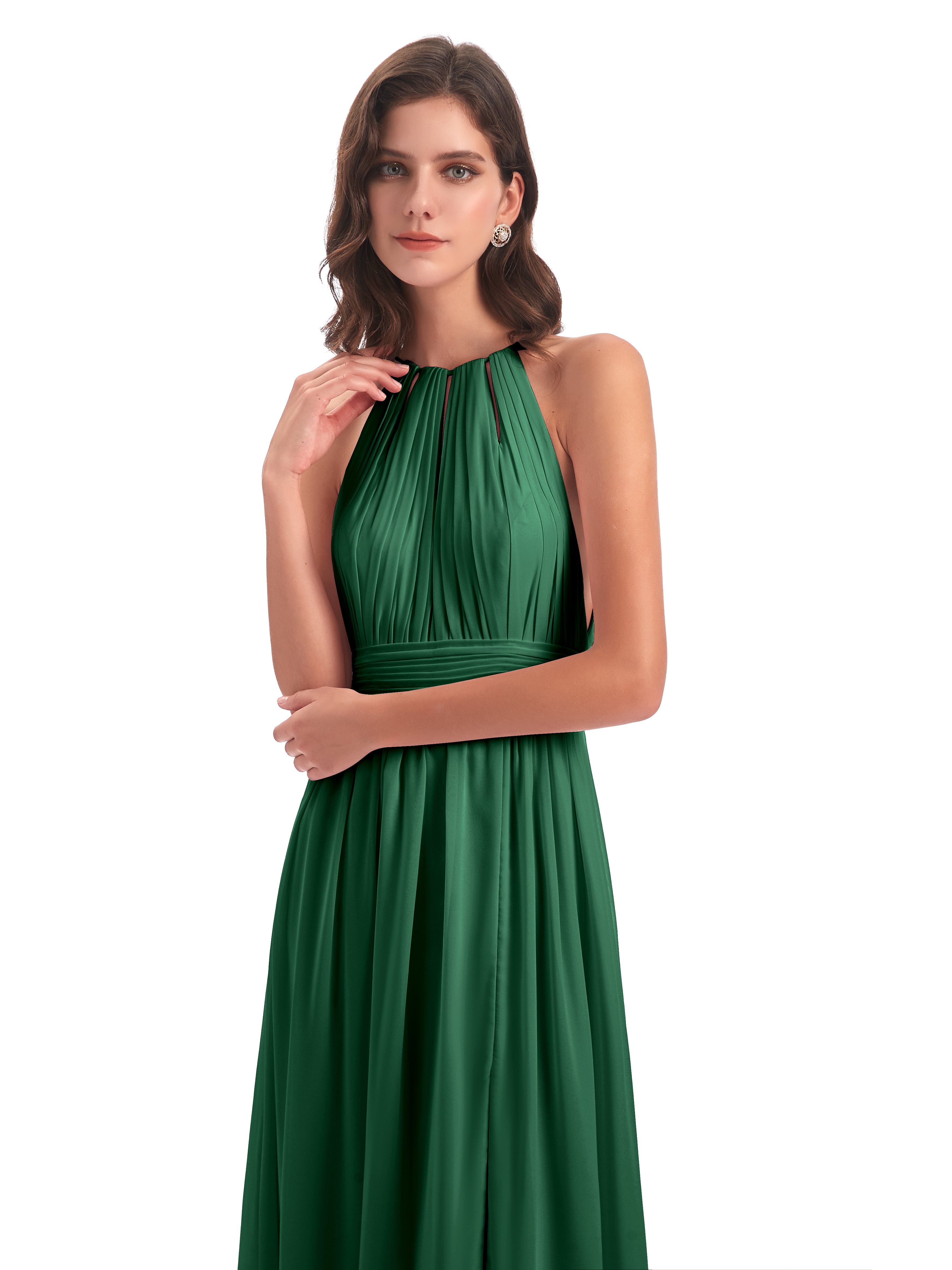 Demoiselle D'Honneur Vert Foncé Fendue Devant Licou Mousseline Robes Demoiselle D'Honneur