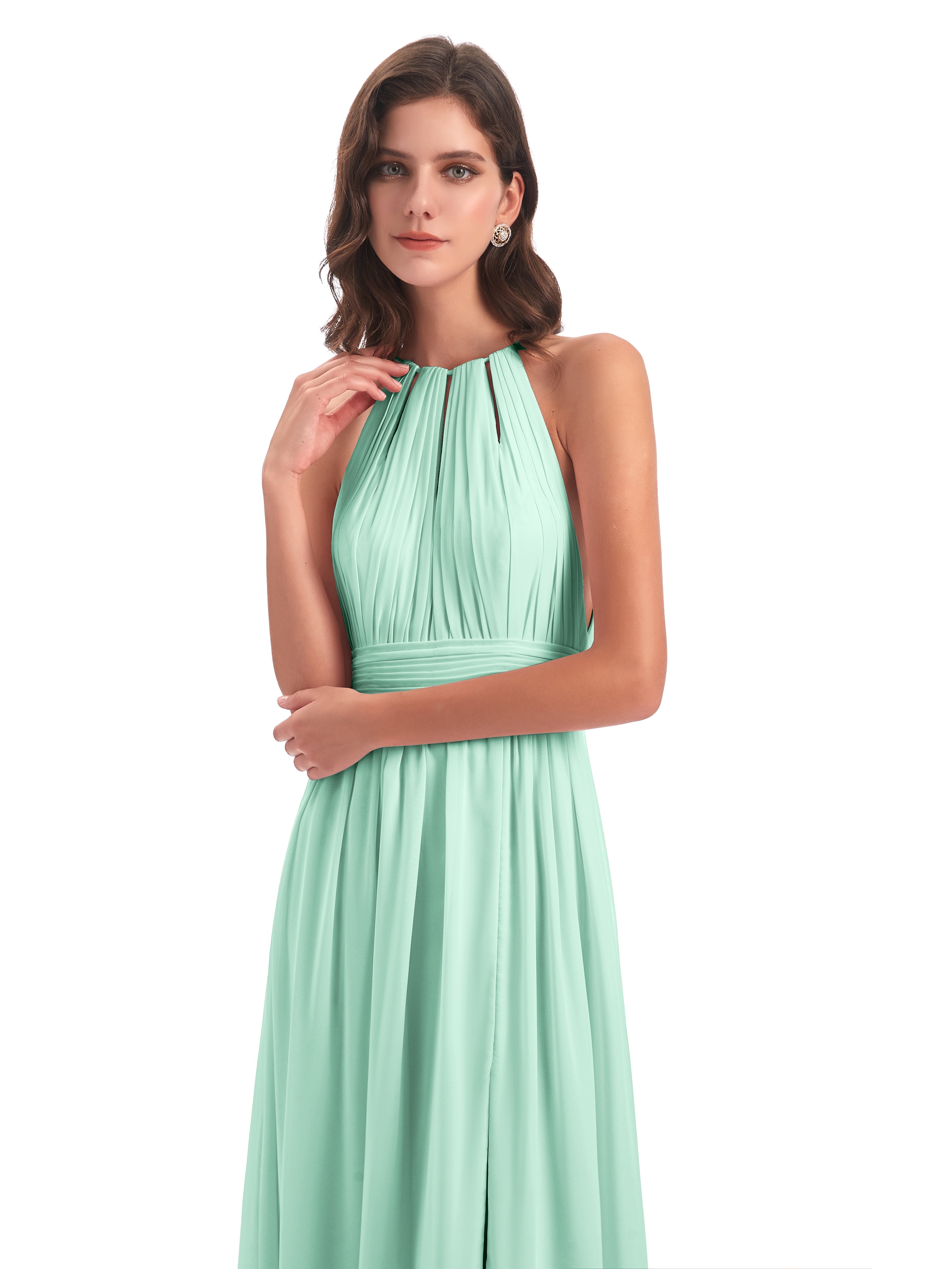 Robe Vert Menthe Demoiselle D Honneur Fendue Devant Licou Mousseline Robes Demoiselle D'Honneur
