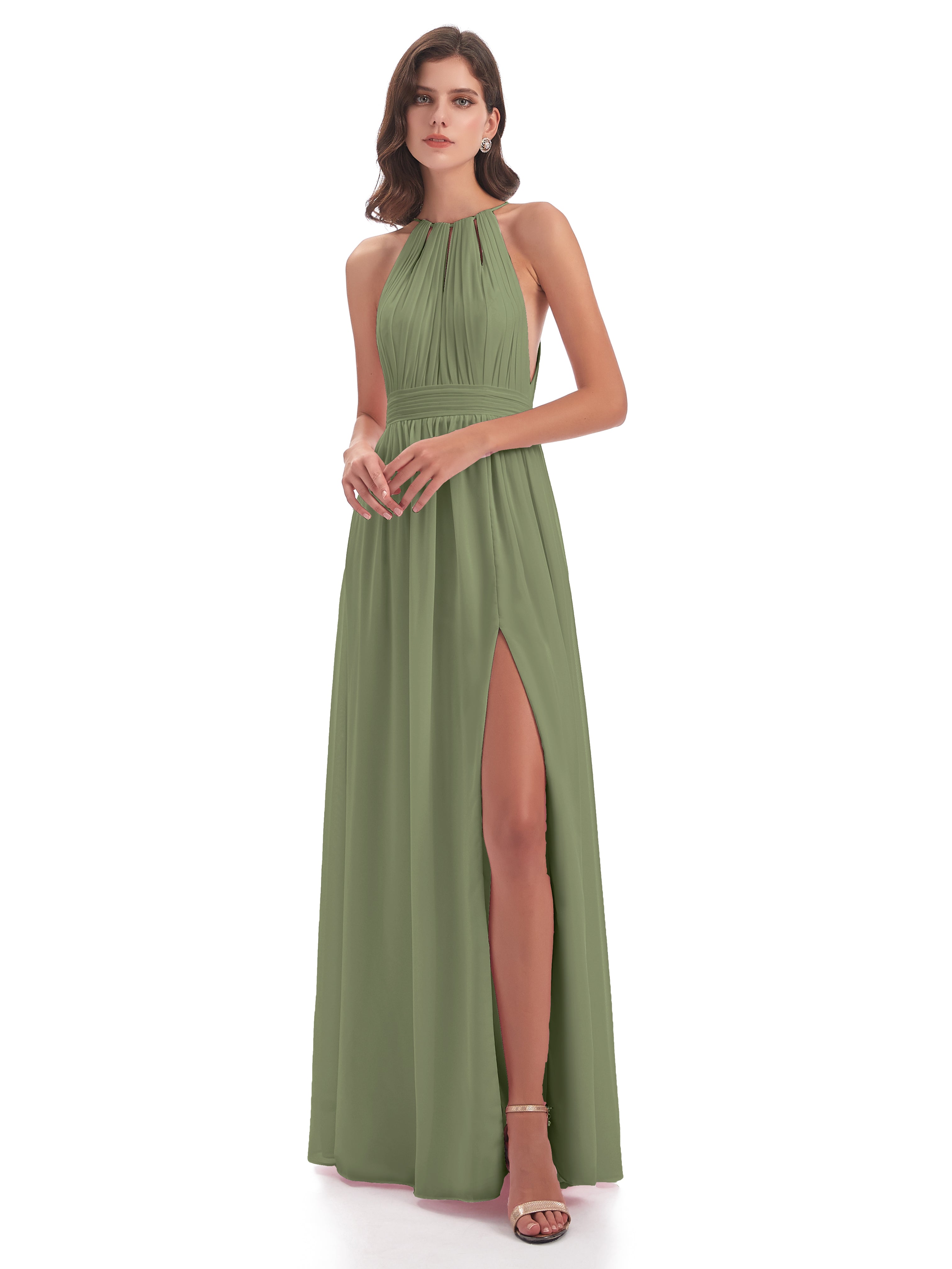 Robe Demoiselle D Honneur Olive Fendue Devant Licou Mousseline Robes Demoiselle D'Honneur