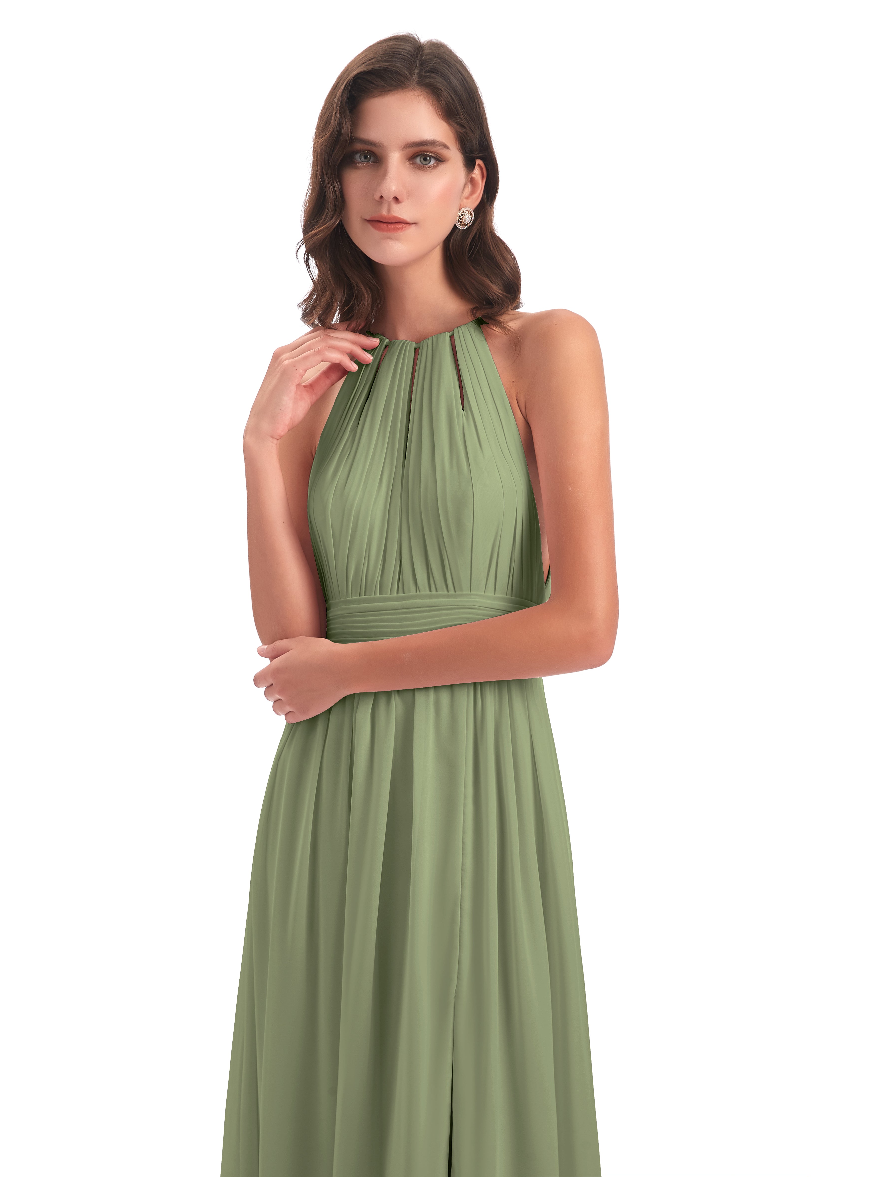 Robe Demoiselle D Honneur Olive Fendue Devant Licou Mousseline Robes Demoiselle D'Honneur