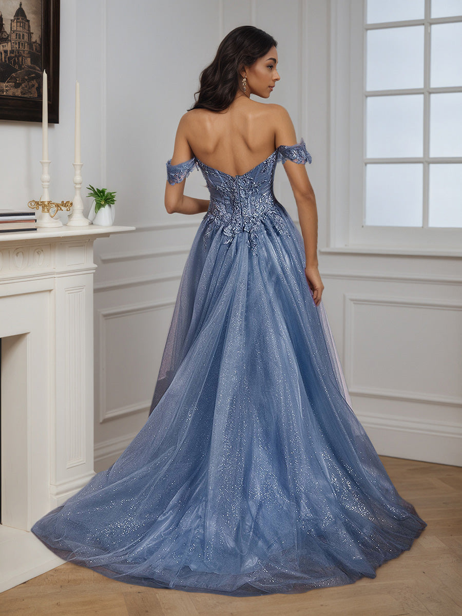 Cicinia Bleu Poussiéreux Robe de Soirée A-Line Épaules Dénudées Appliqués avec Fente Spectaculaire
