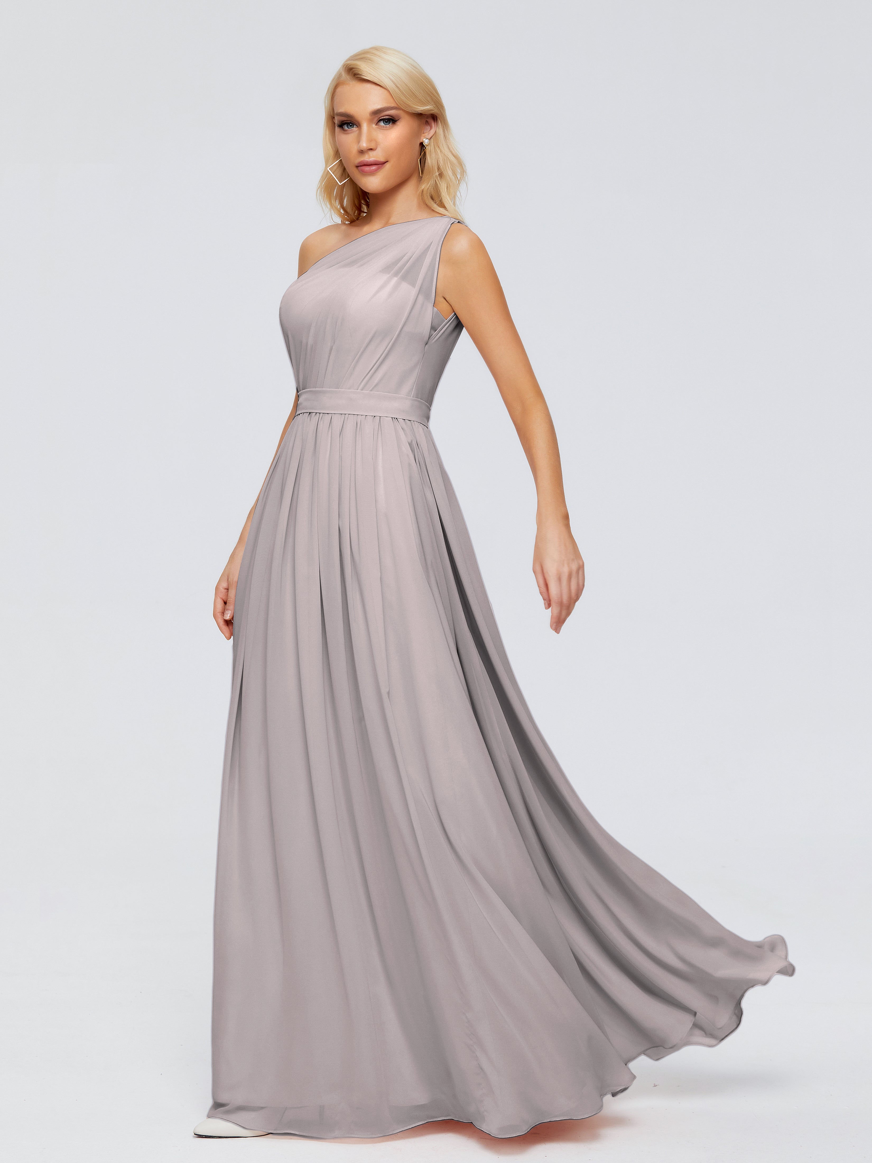 Robe Demoiselle D Honneur Argent Trapèze Seule-Épaule Ruban Mousseline Robes Demoiselle D'Honneur