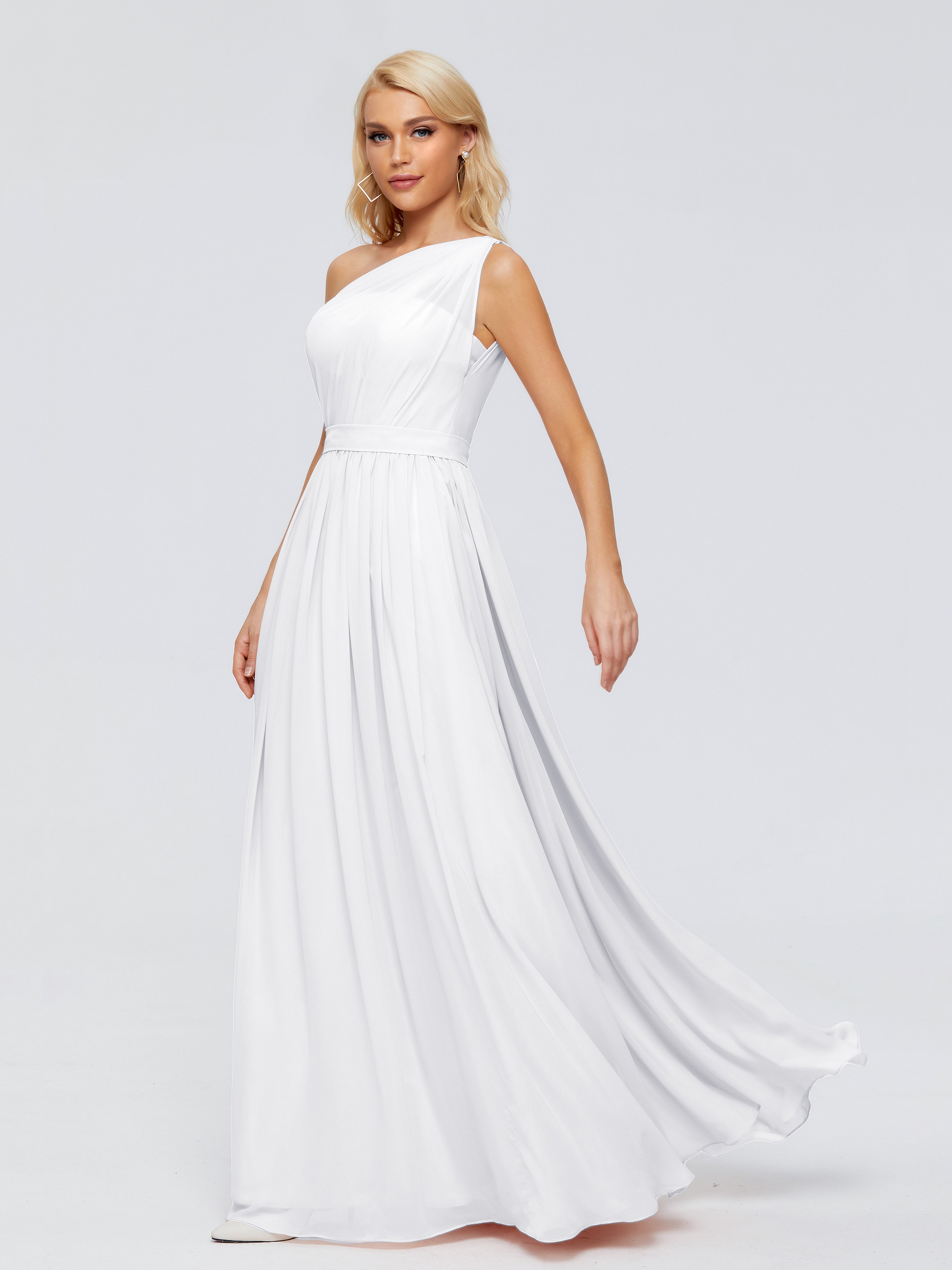 Robe Demoiselle D Honneur Blanc Trapèze Seule-Épaule Ruban Mousseline Robes Demoiselle D'Honneur