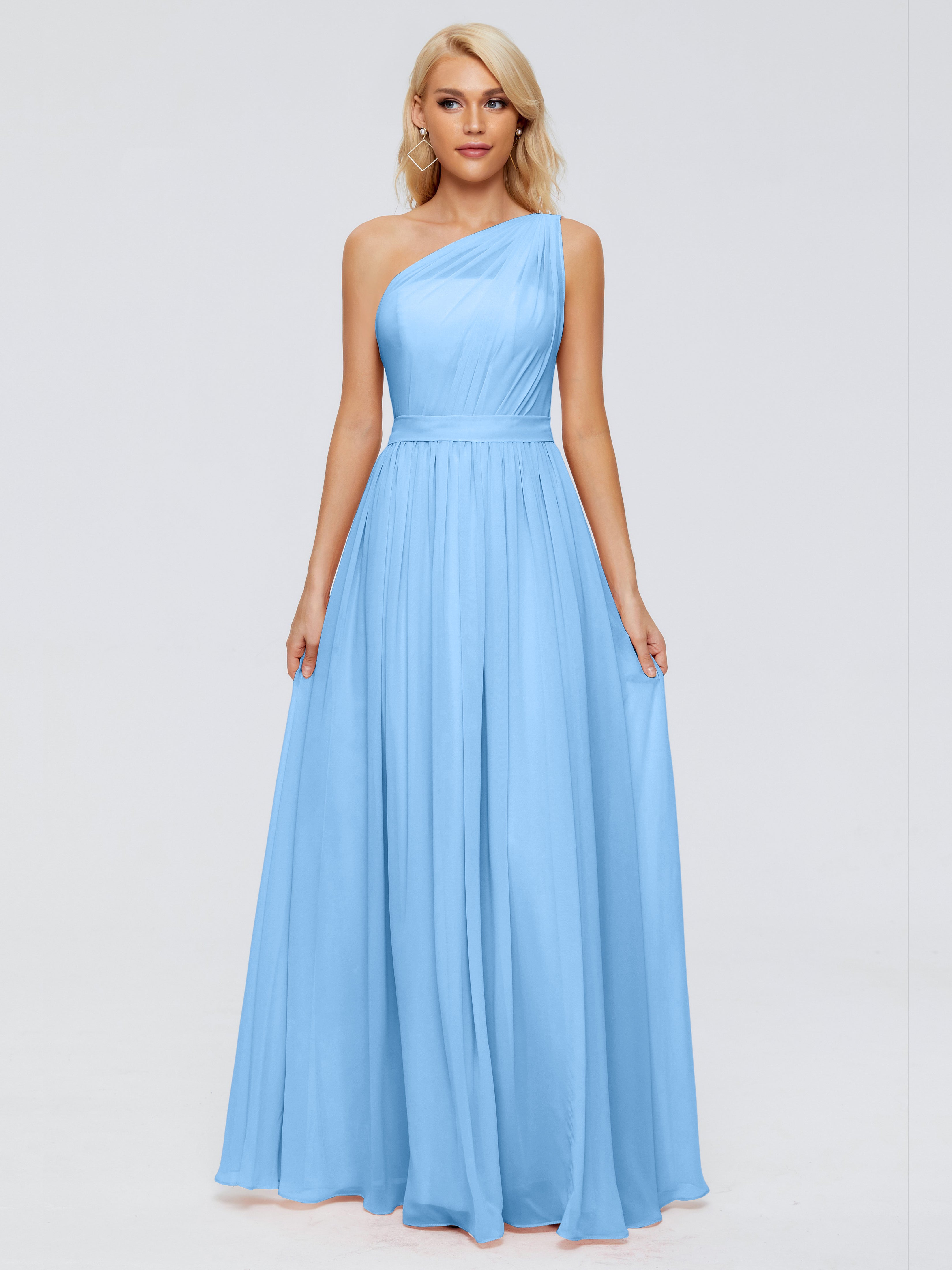 Robe Demoiselle D Honneur Bleue Trapèze Seule-Épaule Ruban Mousseline Robes Demoiselle D'Honneur