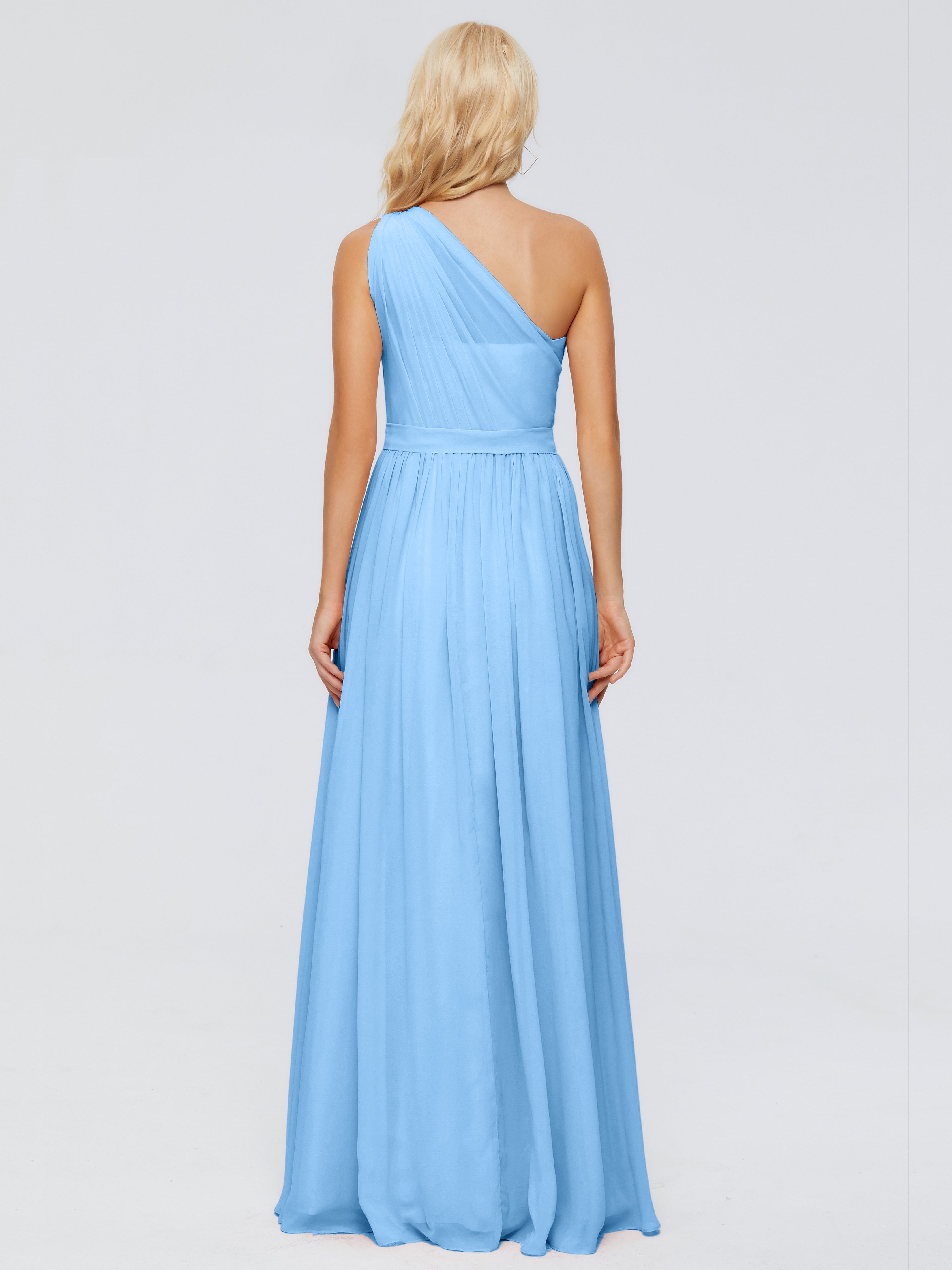 Robe Demoiselle D Honneur Bleue Trapèze Seule-Épaule Ruban Mousseline Robes Demoiselle D'Honneur