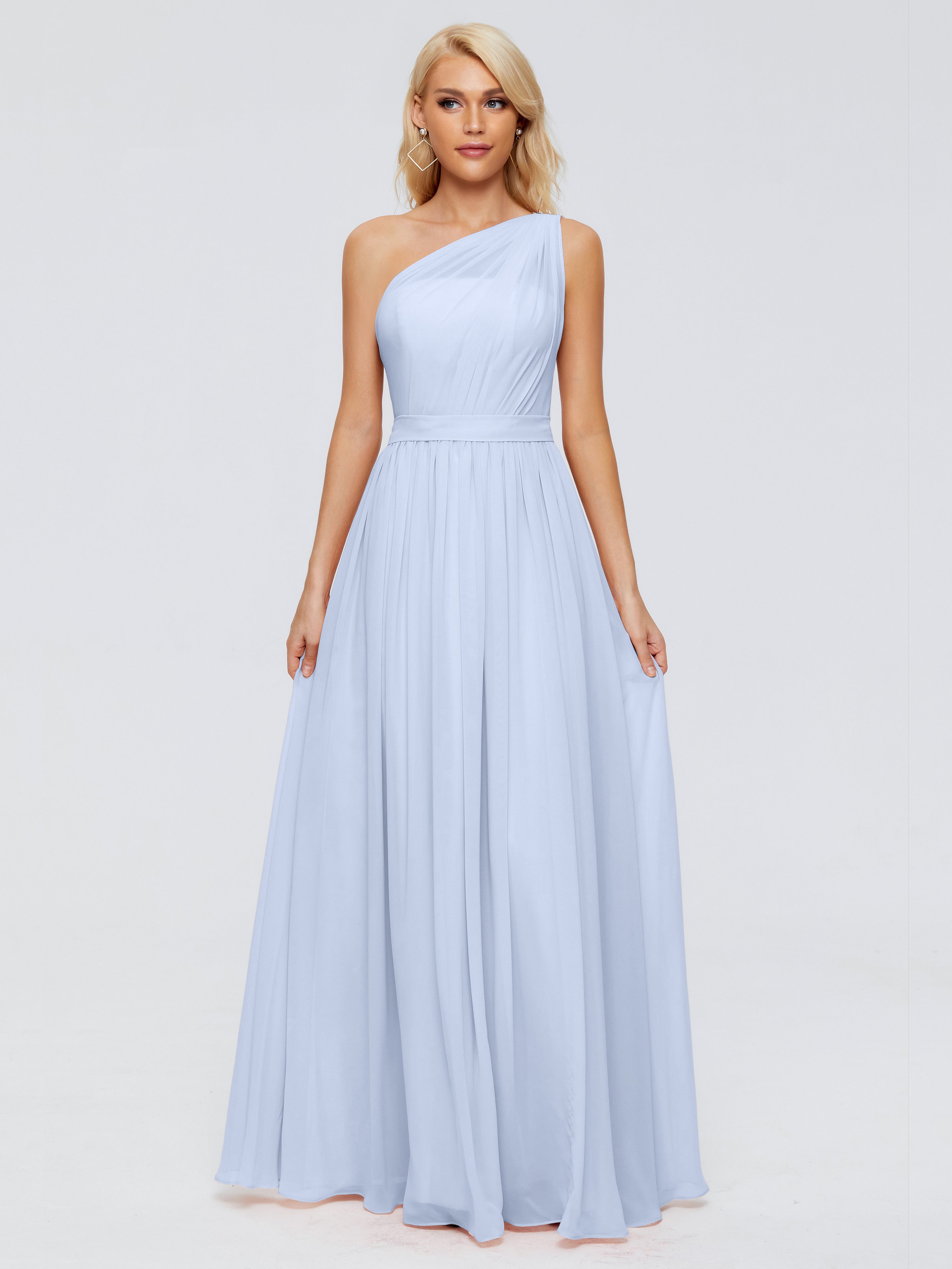 Robe Bleu Ciel Demoiselle D Honneur Trapèze Seule-Épaule Ruban Mousseline Robes Demoiselle D'Honneur