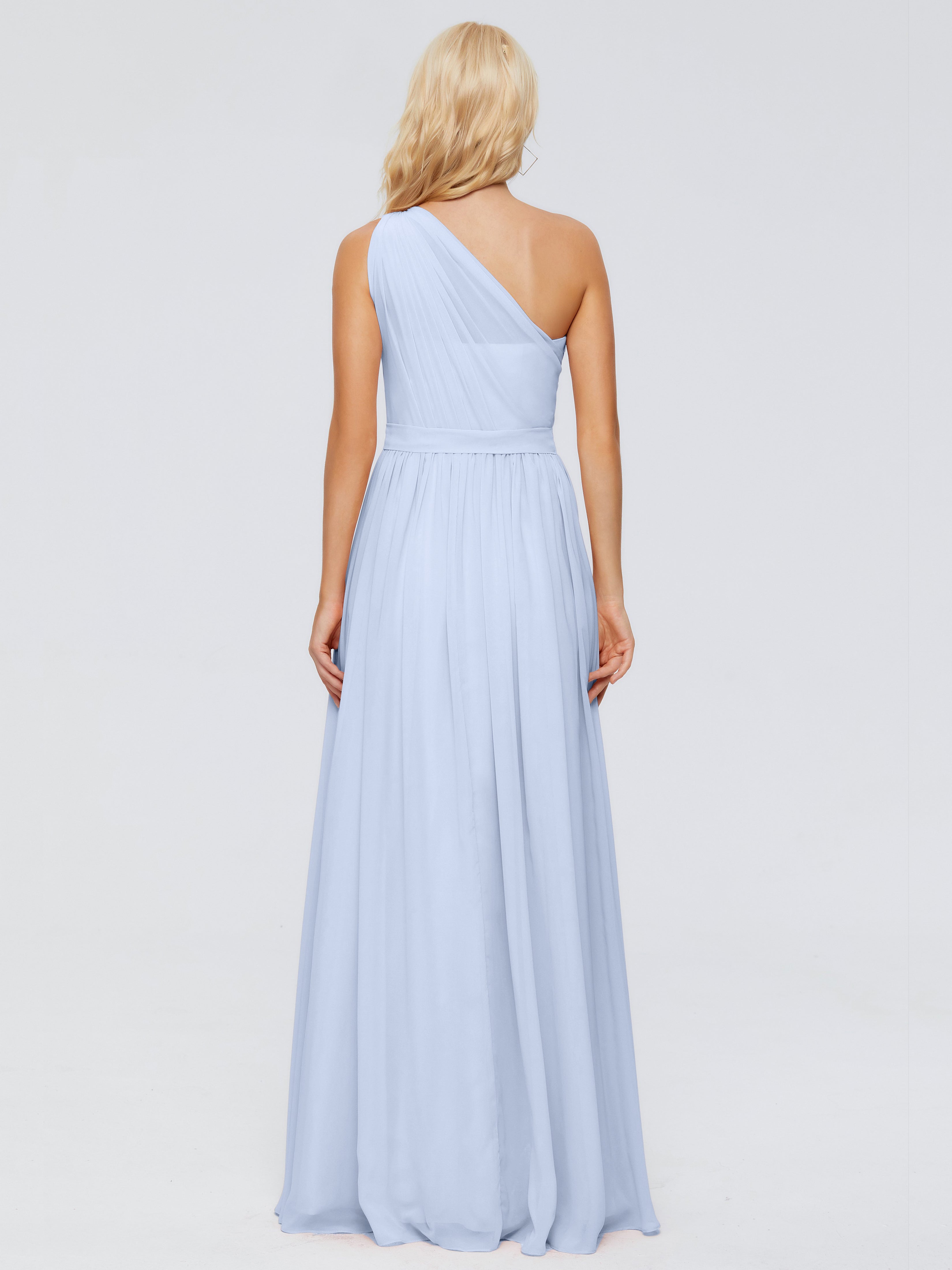 Robe Bleu Ciel Demoiselle D Honneur Trapèze Seule-Épaule Ruban Mousseline Robes Demoiselle D'Honneur