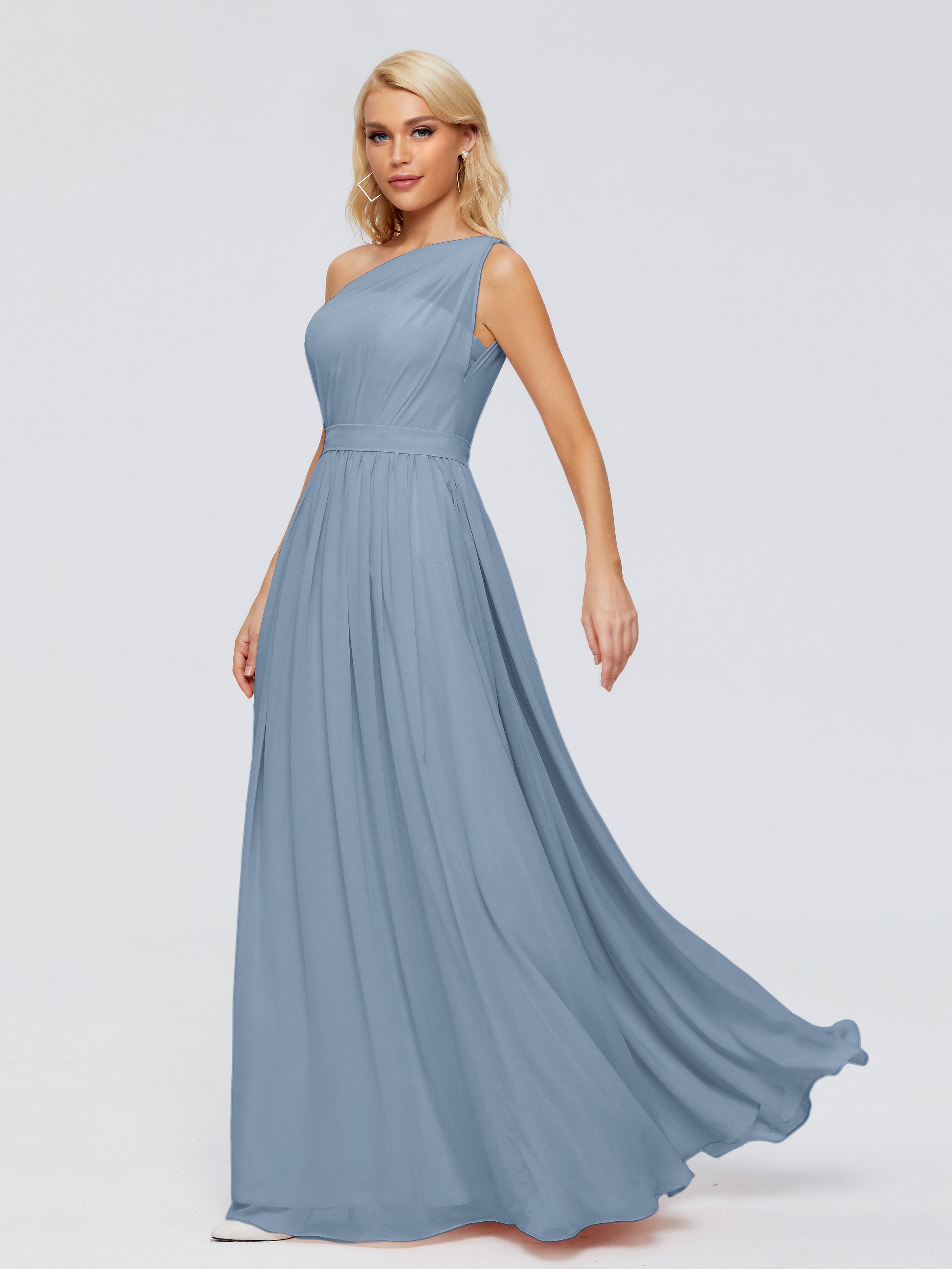 Robes De Demoiselle D'Honneur Bleu De Schiste Trapèze Seule-Épaule Ruban Mousseline Robes Demoiselle D'Honneur