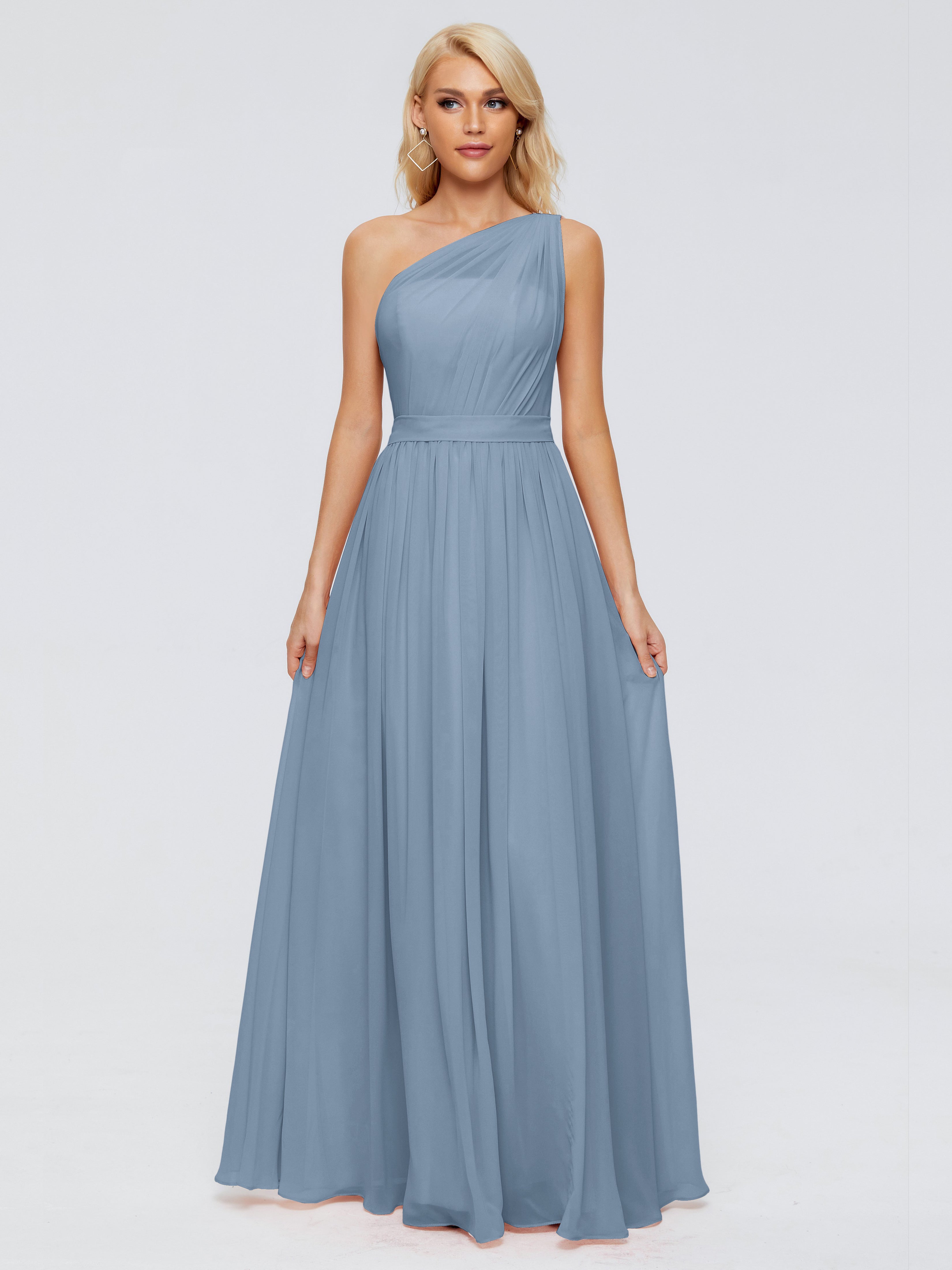 Robes De Demoiselle D'Honneur Bleu De Schiste Trapèze Seule-Épaule Ruban Mousseline Robes Demoiselle D'Honneur