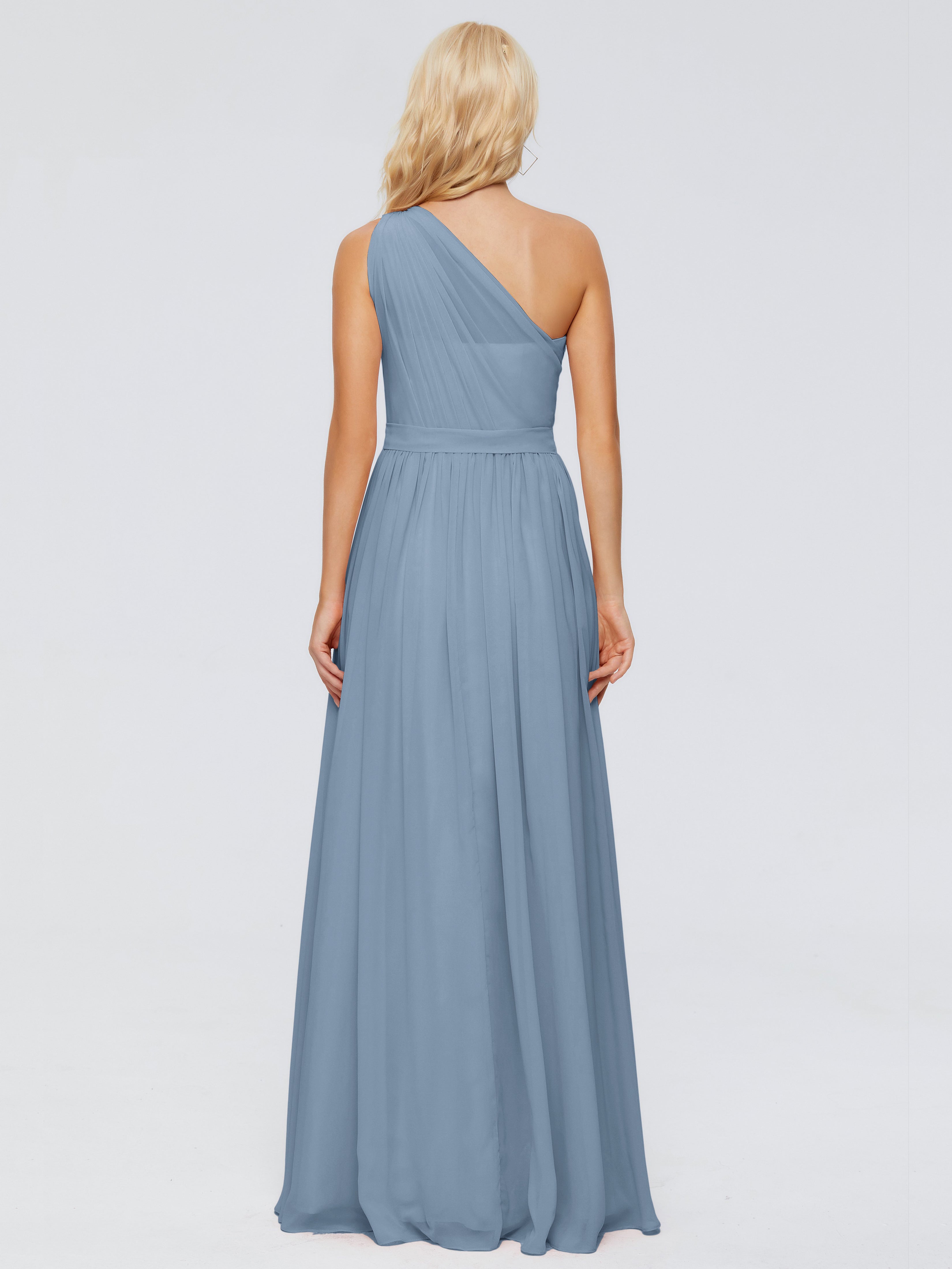 Robes De Demoiselle D'Honneur Bleu De Schiste Trapèze Seule-Épaule Ruban Mousseline Robes Demoiselle D'Honneur