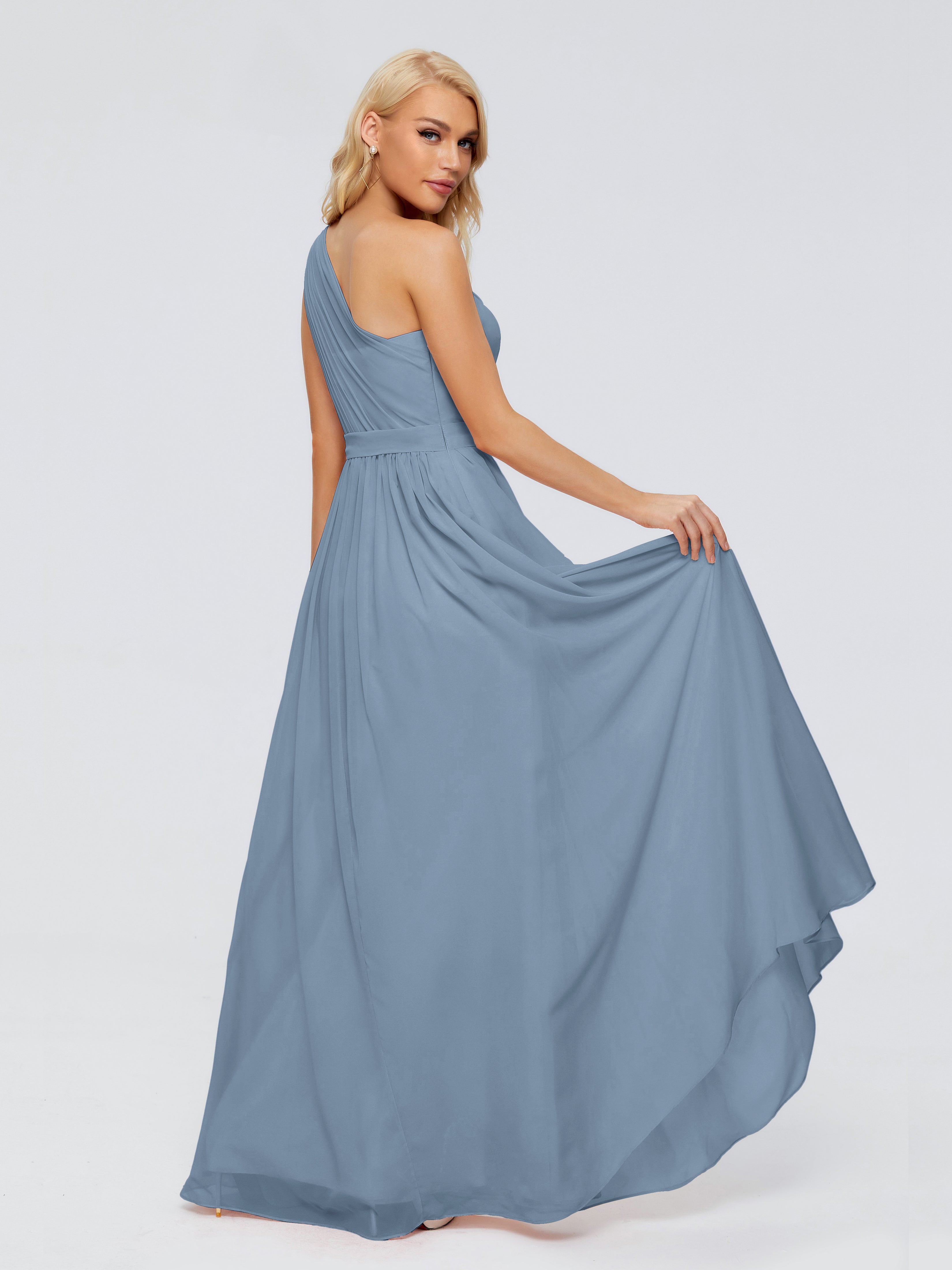 Robes De Demoiselle D'Honneur Bleu De Schiste Trapèze Seule-Épaule Ruban Mousseline Robes Demoiselle D'Honneur