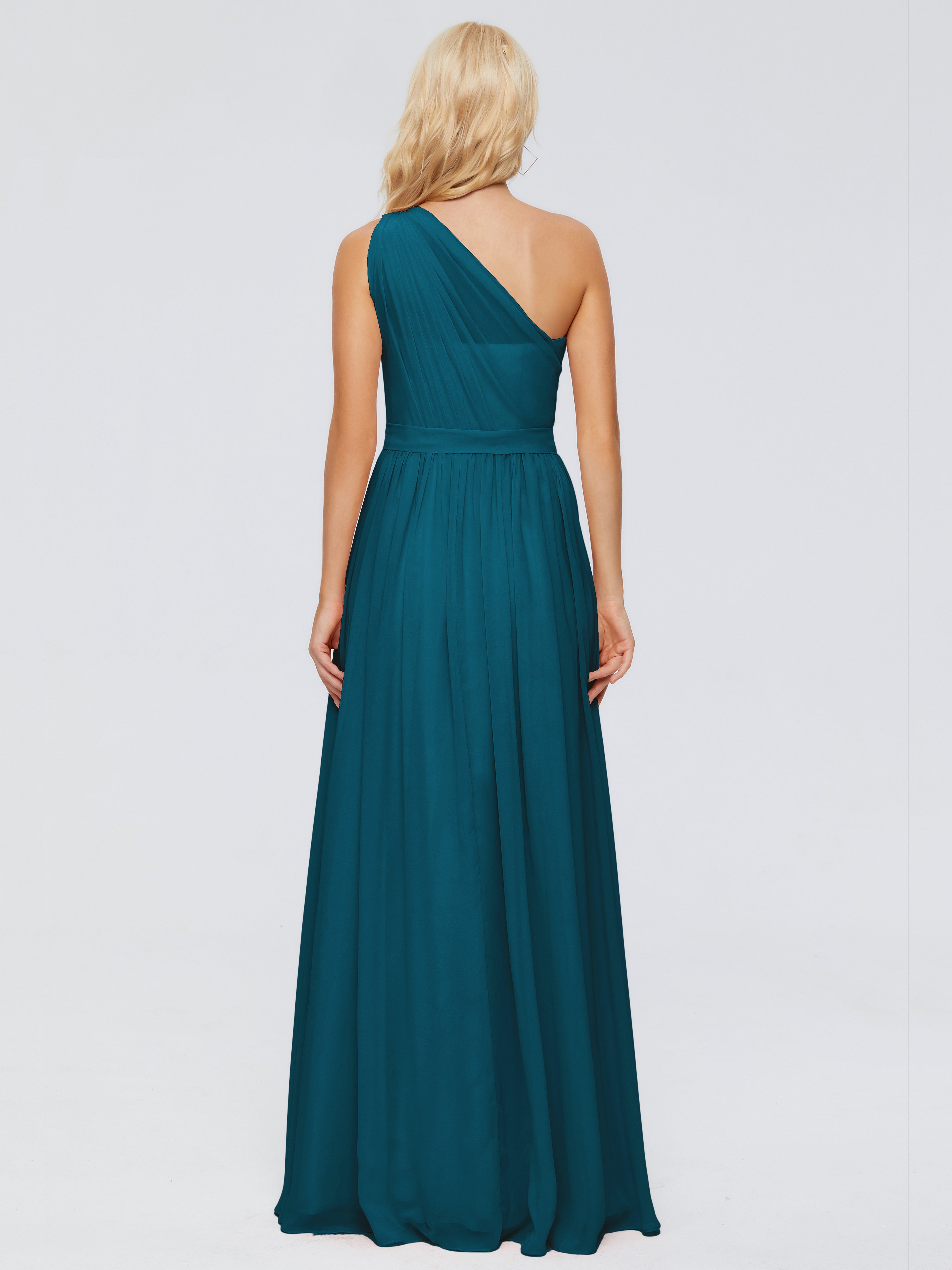 Robe De Demoiselle D'Honneur Bleu Encre Trapèze Seule-Épaule Ruban Mousseline Robes Demoiselle D'Honneur