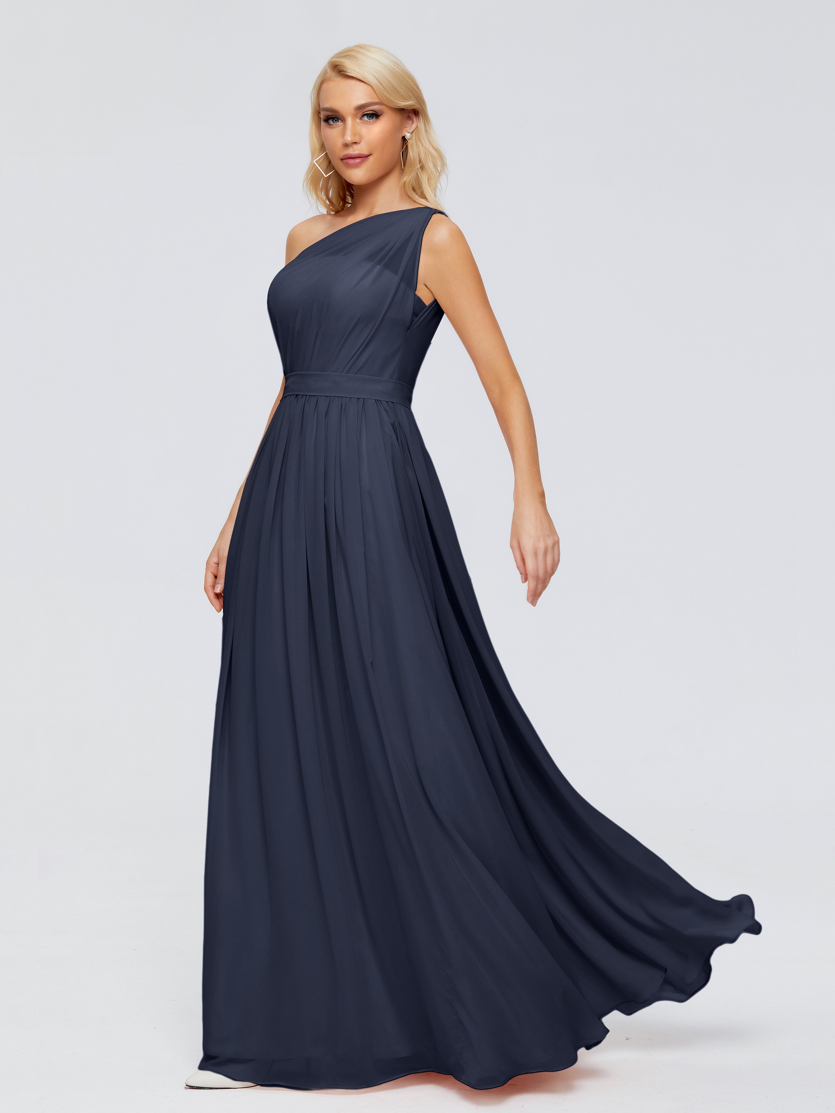 Robe Bleu Marine Demoiselle D Honneur Trapèze Seule-Épaule Ruban Mousseline Robes Demoiselle D'Honneur