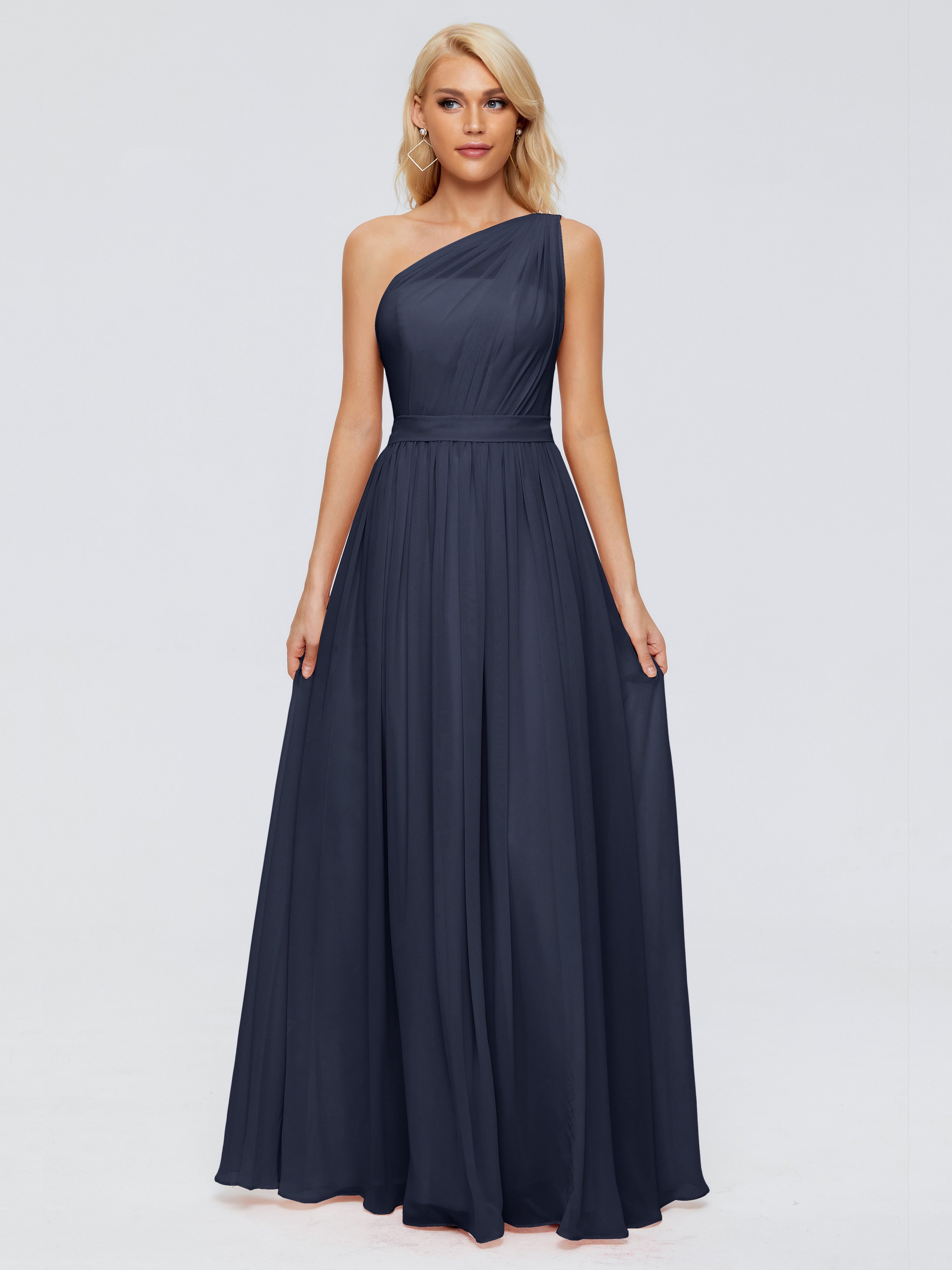 Robe Bleu Marine Demoiselle D Honneur Trapèze Seule-Épaule Ruban Mousseline Robes Demoiselle D'Honneur