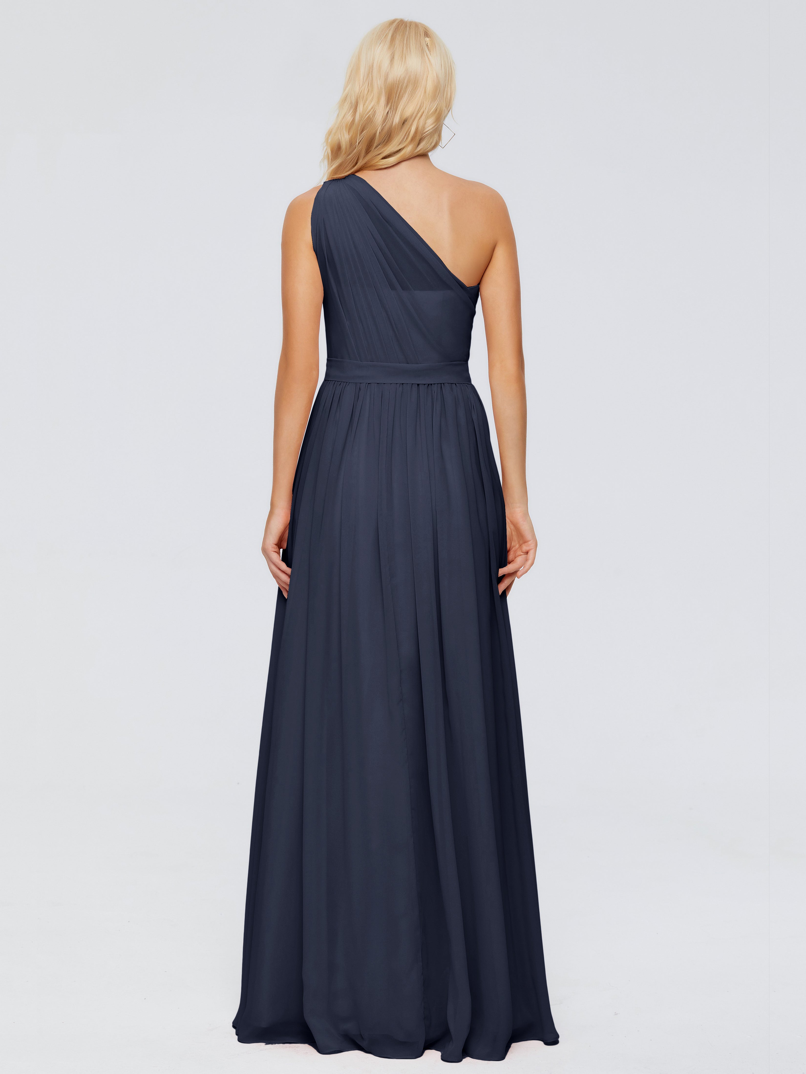 Robe Bleu Marine Demoiselle D Honneur Trapèze Seule-Épaule Ruban Mousseline Robes Demoiselle D'Honneur