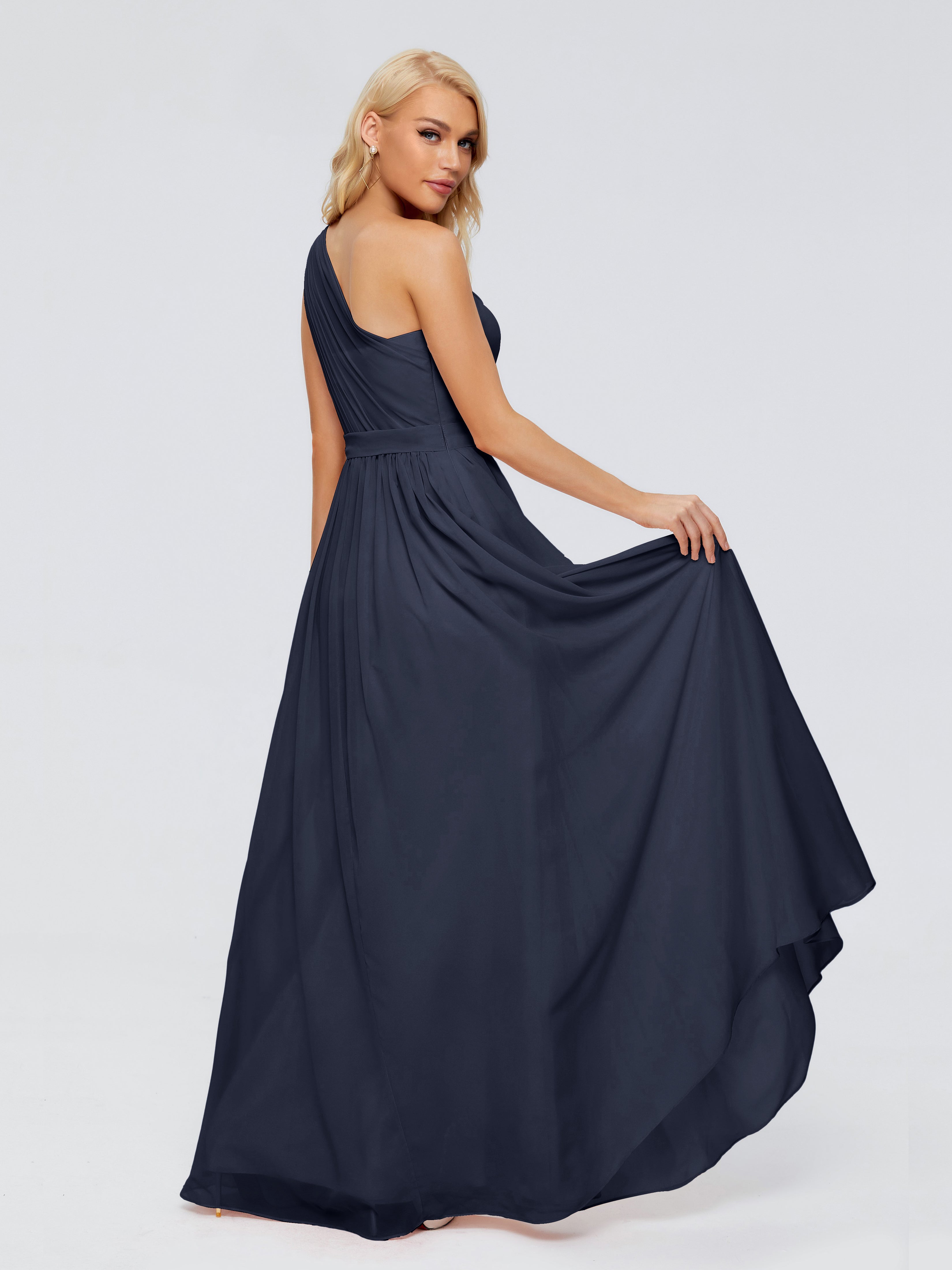 Robe Bleu Marine Demoiselle D Honneur Trapèze Seule-Épaule Ruban Mousseline Robes Demoiselle D'Honneur