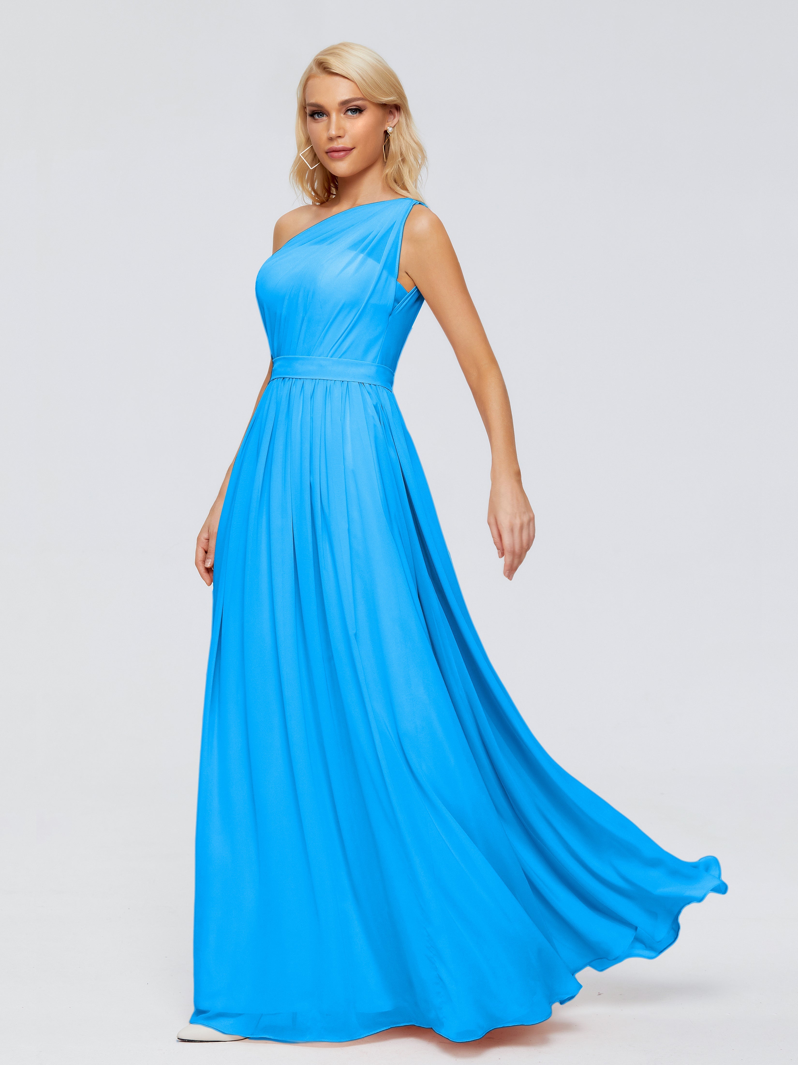 Robes De Demoiselle D'Honneur Bleu Océan Trapèze Seule-Épaule Ruban Mousseline Robes Demoiselle D'Honneur