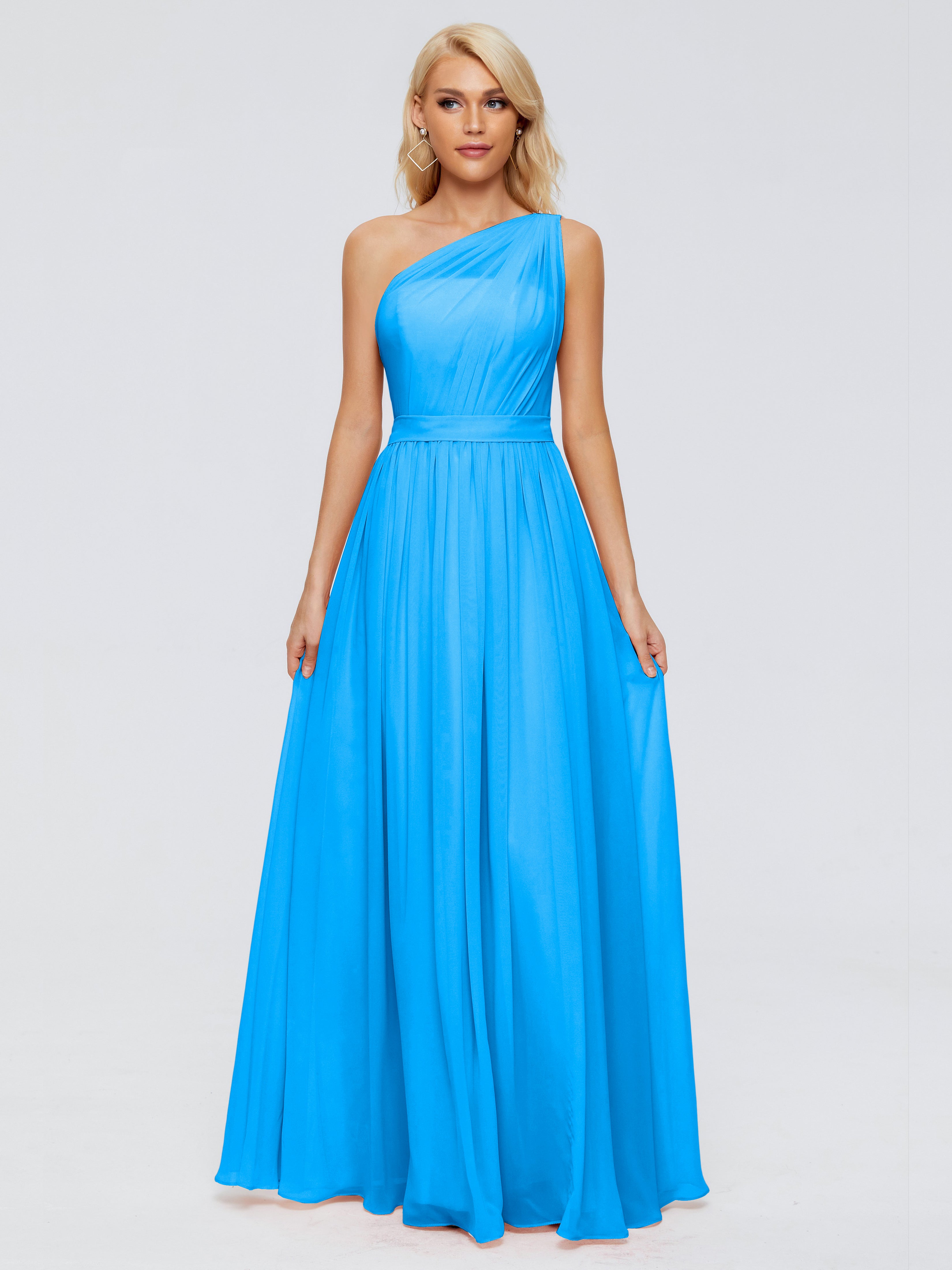 Robes De Demoiselle D'Honneur Bleu Océan Trapèze Seule-Épaule Ruban Mousseline Robes Demoiselle D'Honneur