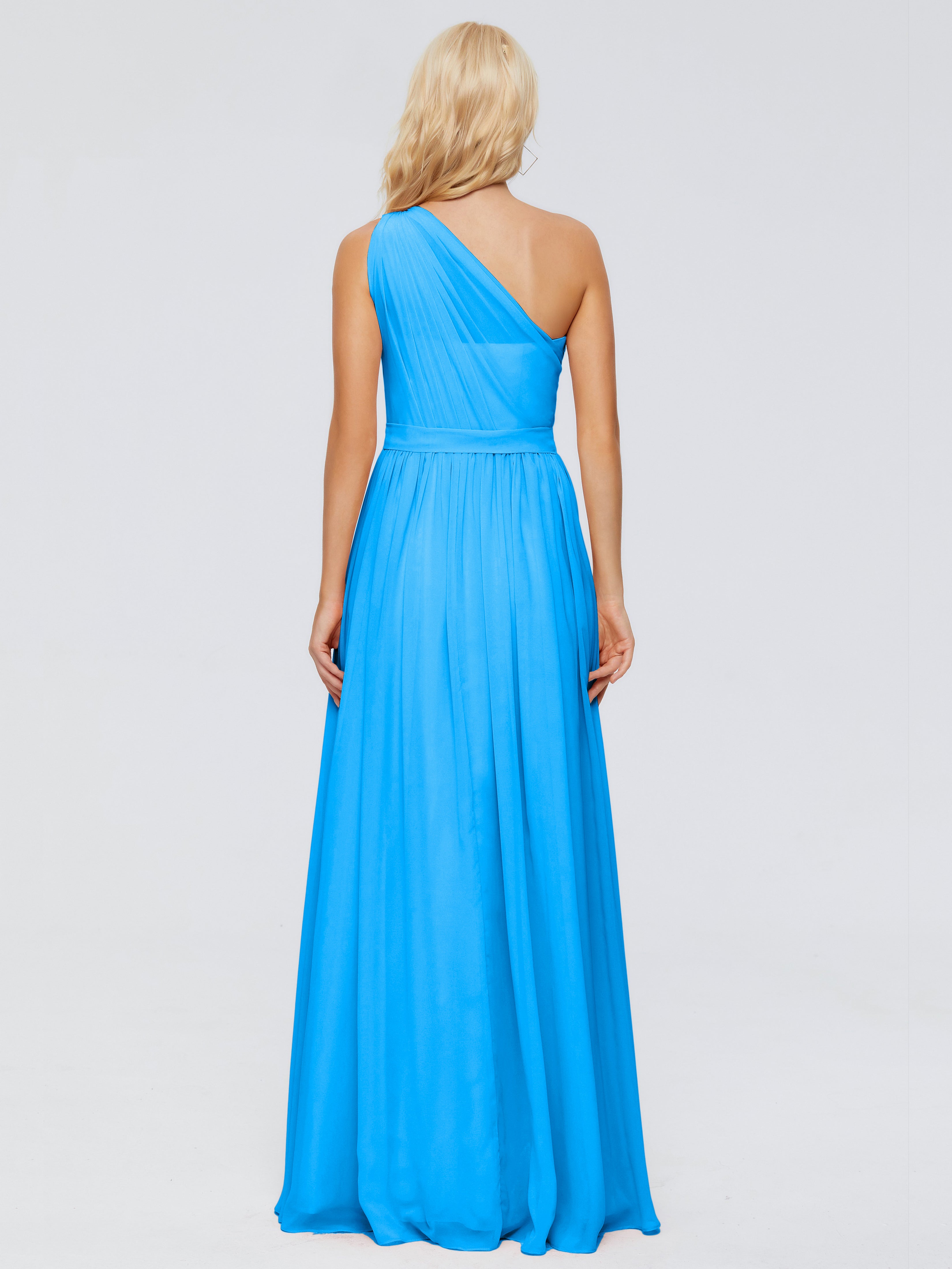 Robes De Demoiselle D'Honneur Bleu Océan Trapèze Seule-Épaule Ruban Mousseline Robes Demoiselle D'Honneur
