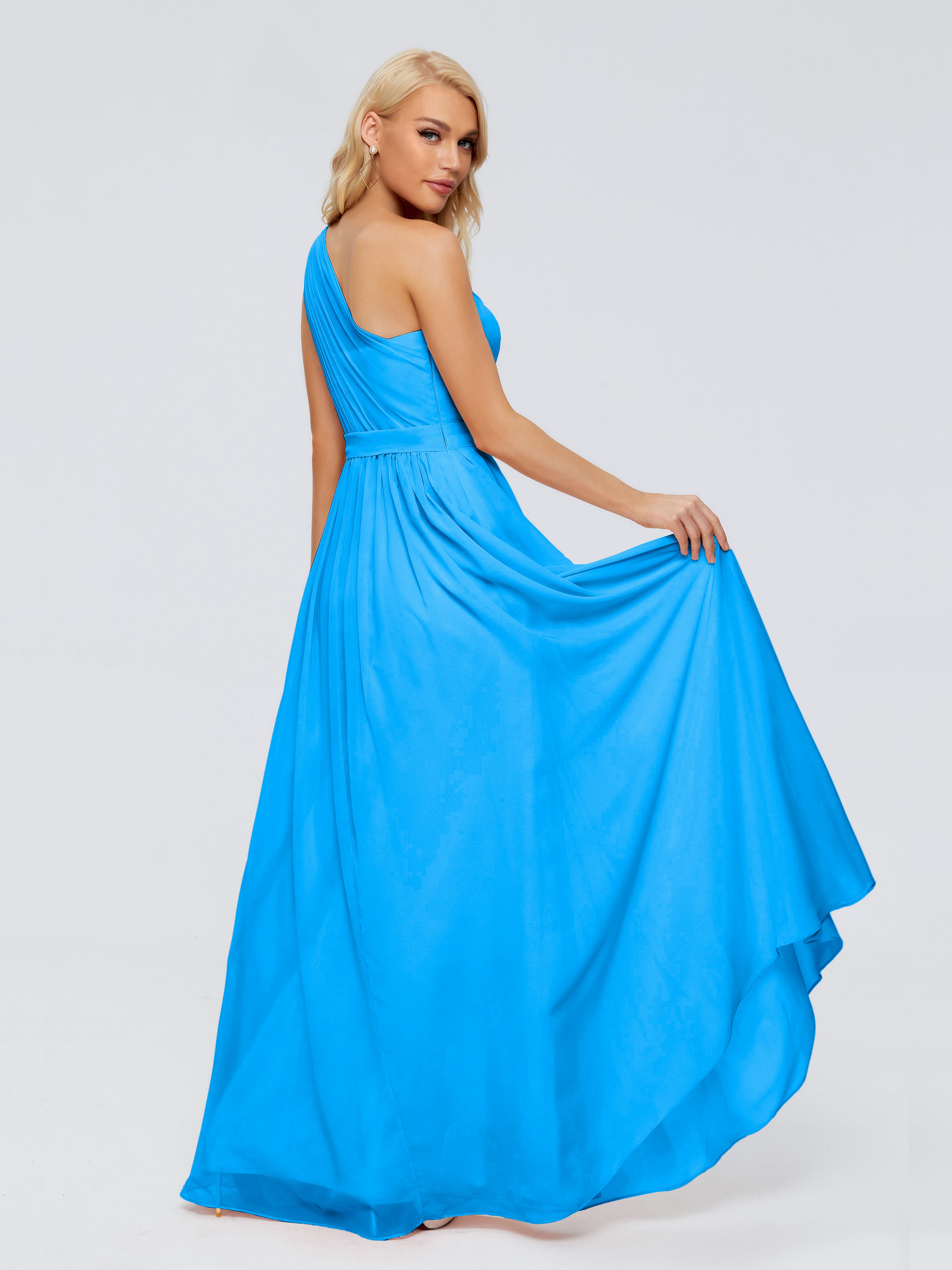 Robes De Demoiselle D'Honneur Bleu Océan Trapèze Seule-Épaule Ruban Mousseline Robes Demoiselle D'Honneur